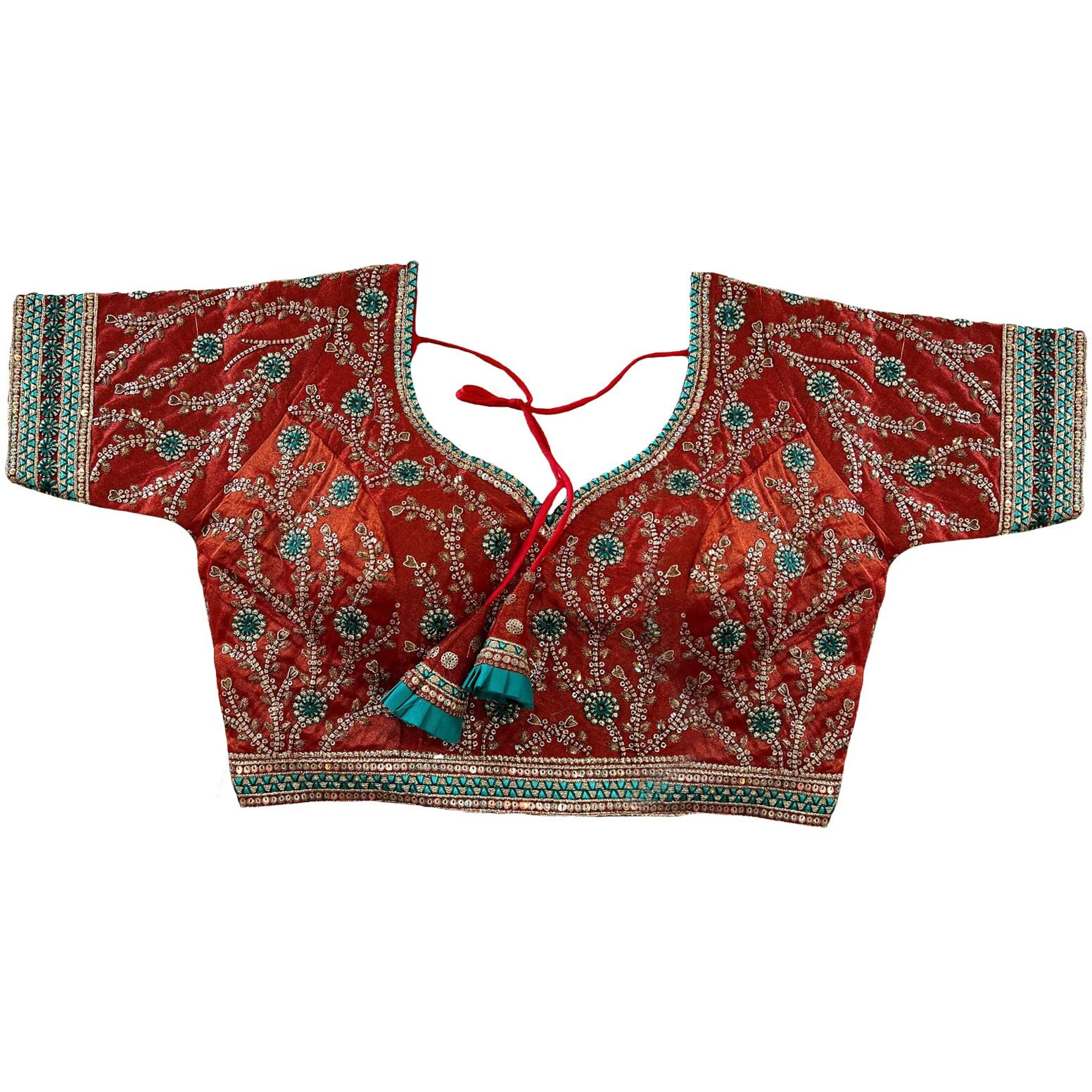 Pujia Mills Women's Milan Silk Embroidered with Sequins Work Half Sleeve Blouse (Indra Red 42)