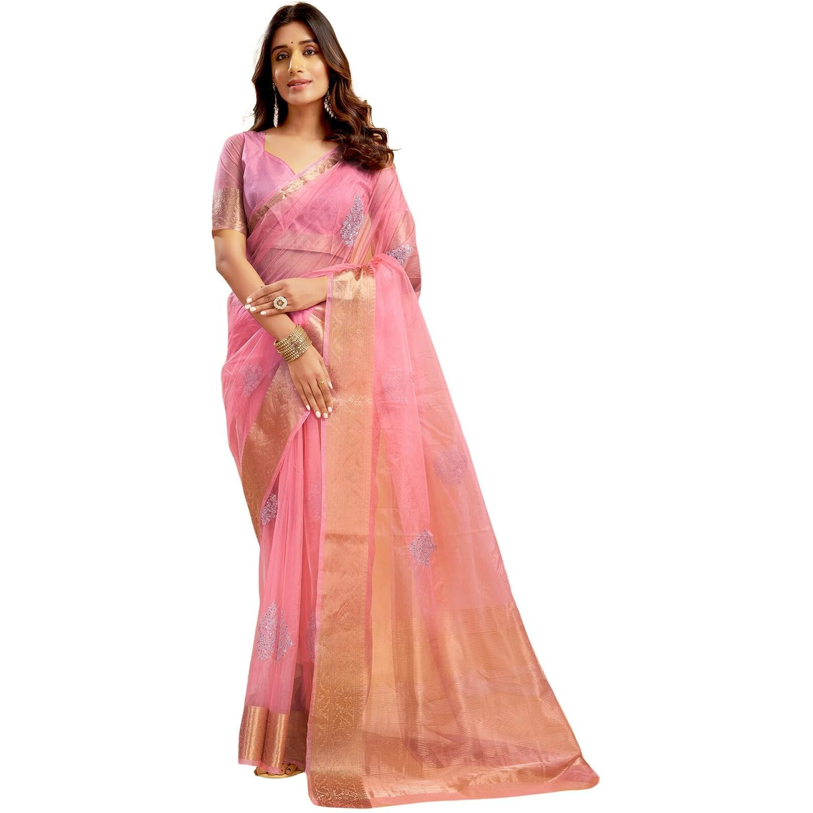 Satrani Women's Organza Sequins Embroidery Jacquard Saree with Unstitched Blouse Piece (4031S653N_Pink)