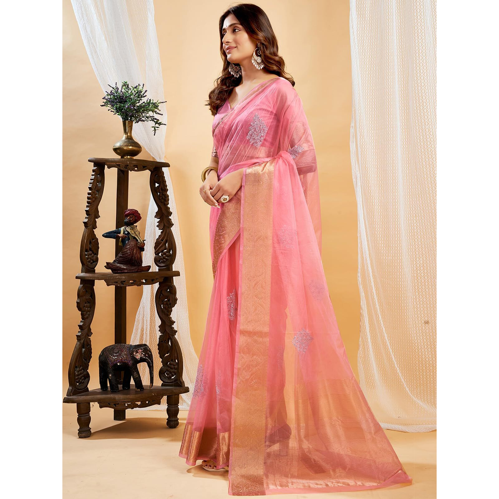 Satrani Women's Organza Sequins Embroidery Jacquard Saree with Unstitched Blouse Piece (4031S653N_Pink)