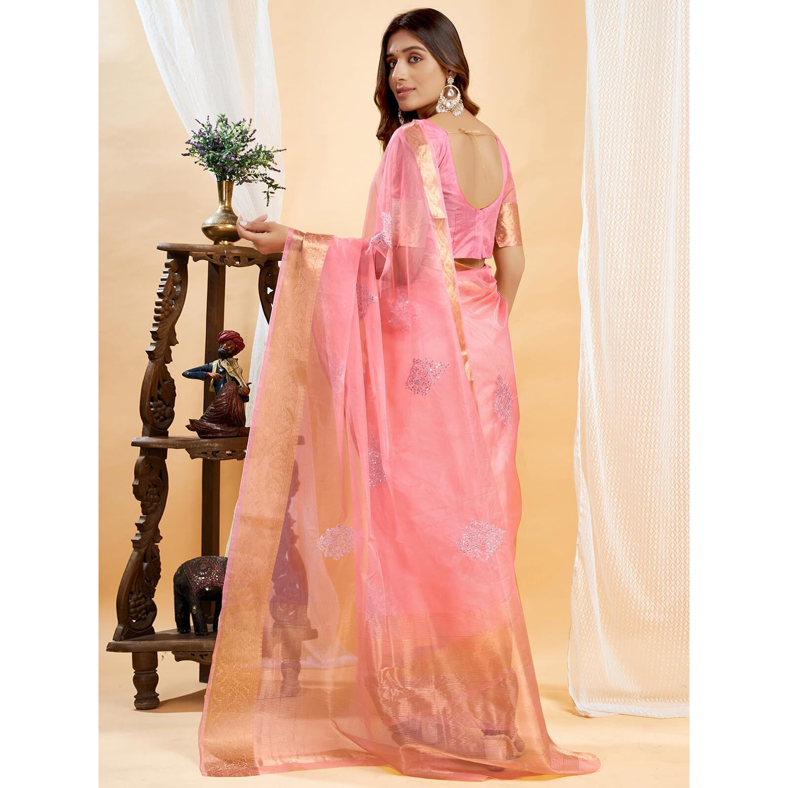 Satrani Women's Organza Sequins Embroidery Jacquard Saree with Unstitched Blouse Piece (4031S653N_Pink)