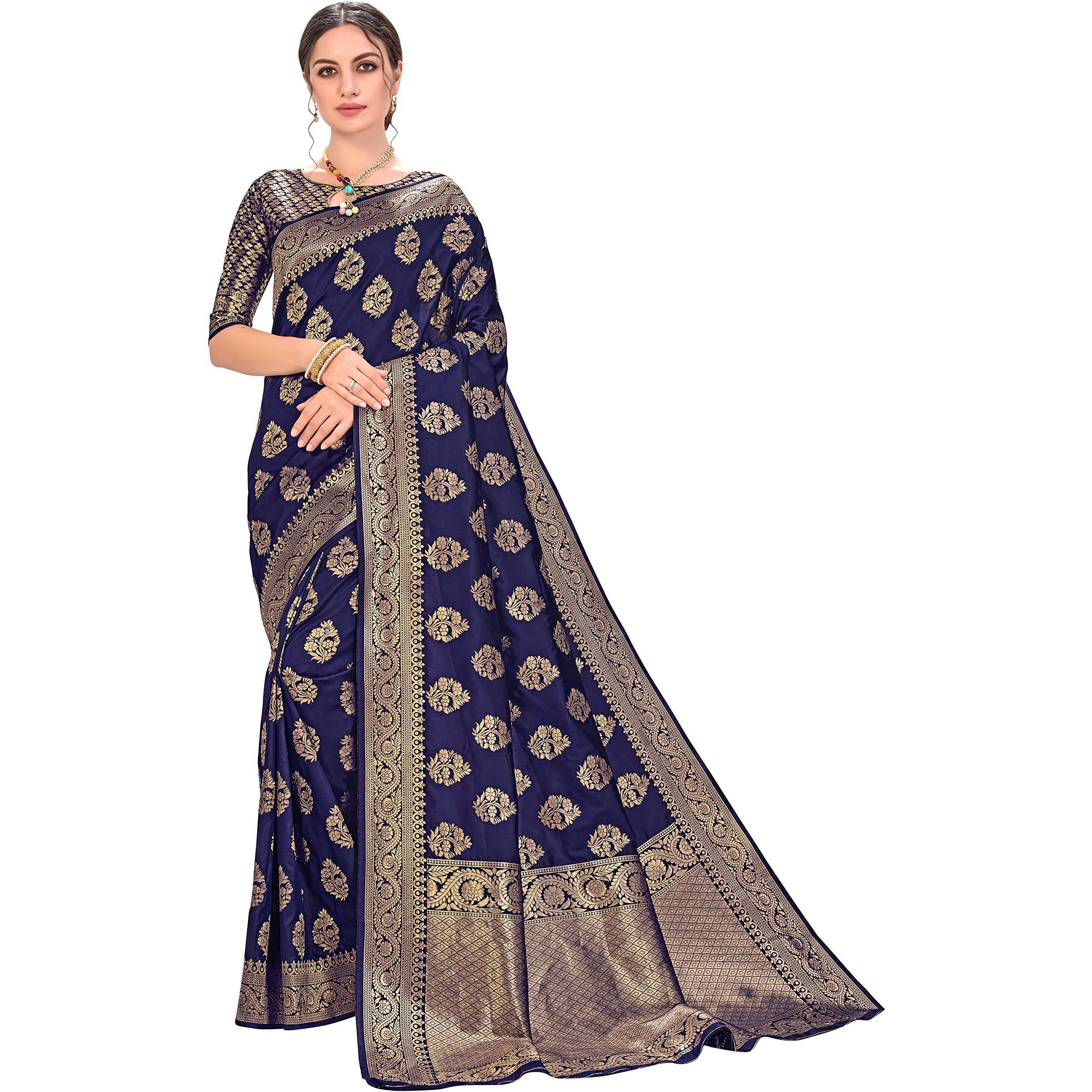 Glory Sarees Womens Banarasi Silk Saree (kara129_Navy)