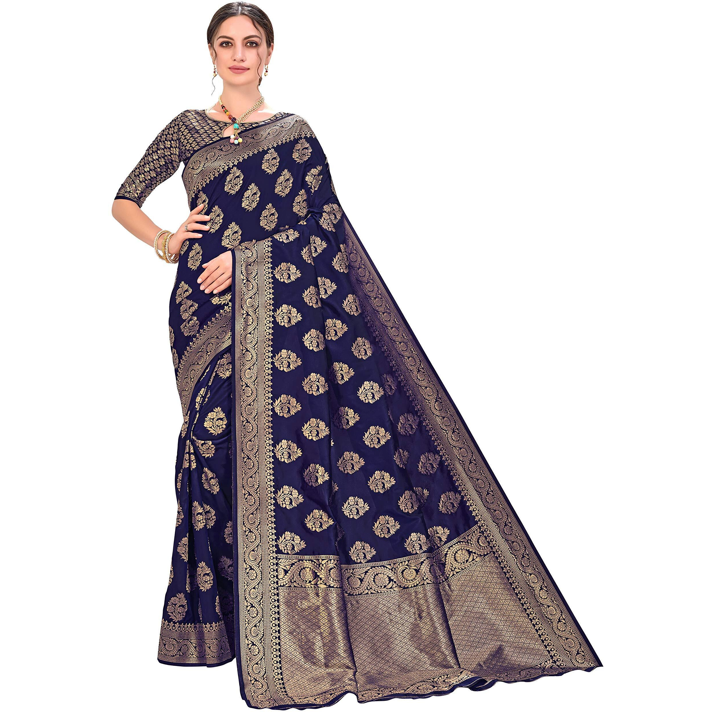Glory Sarees Womens Banarasi Silk Saree (kara129_Navy)