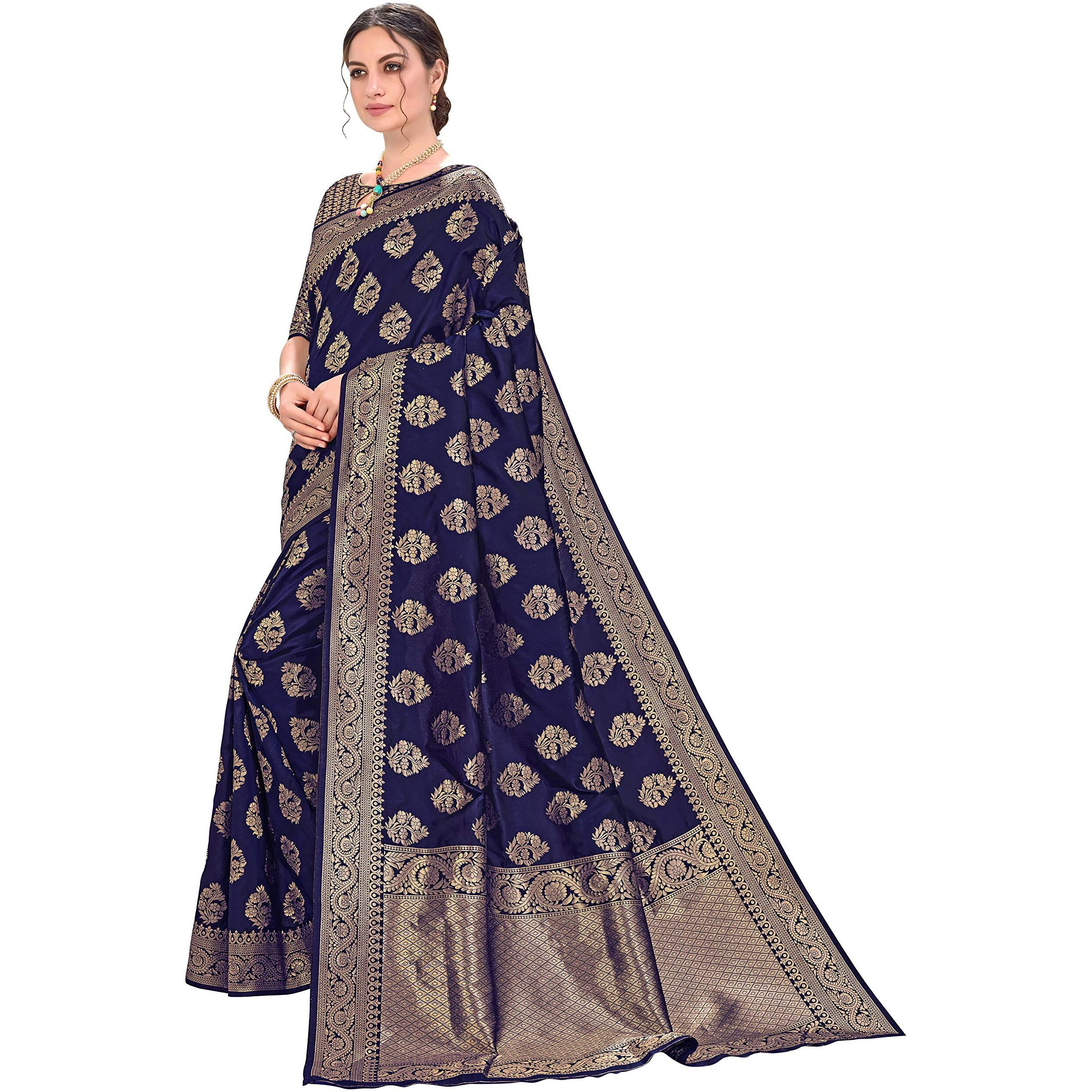 Glory Sarees Womens Banarasi Silk Saree (kara129_Navy)