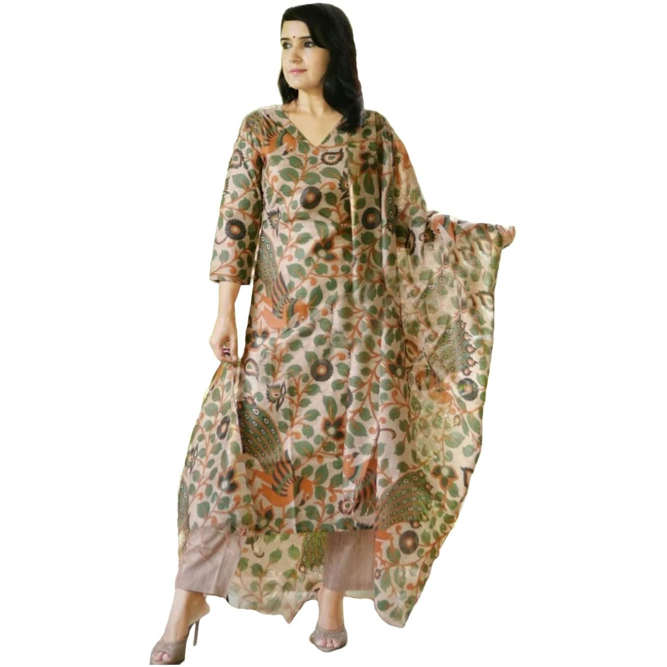 ANNI DESIGNER Women's Cotton Blend Straight Printed Kurta with Pant & Dupatta (Uskana Beige_L_Cream_Large)