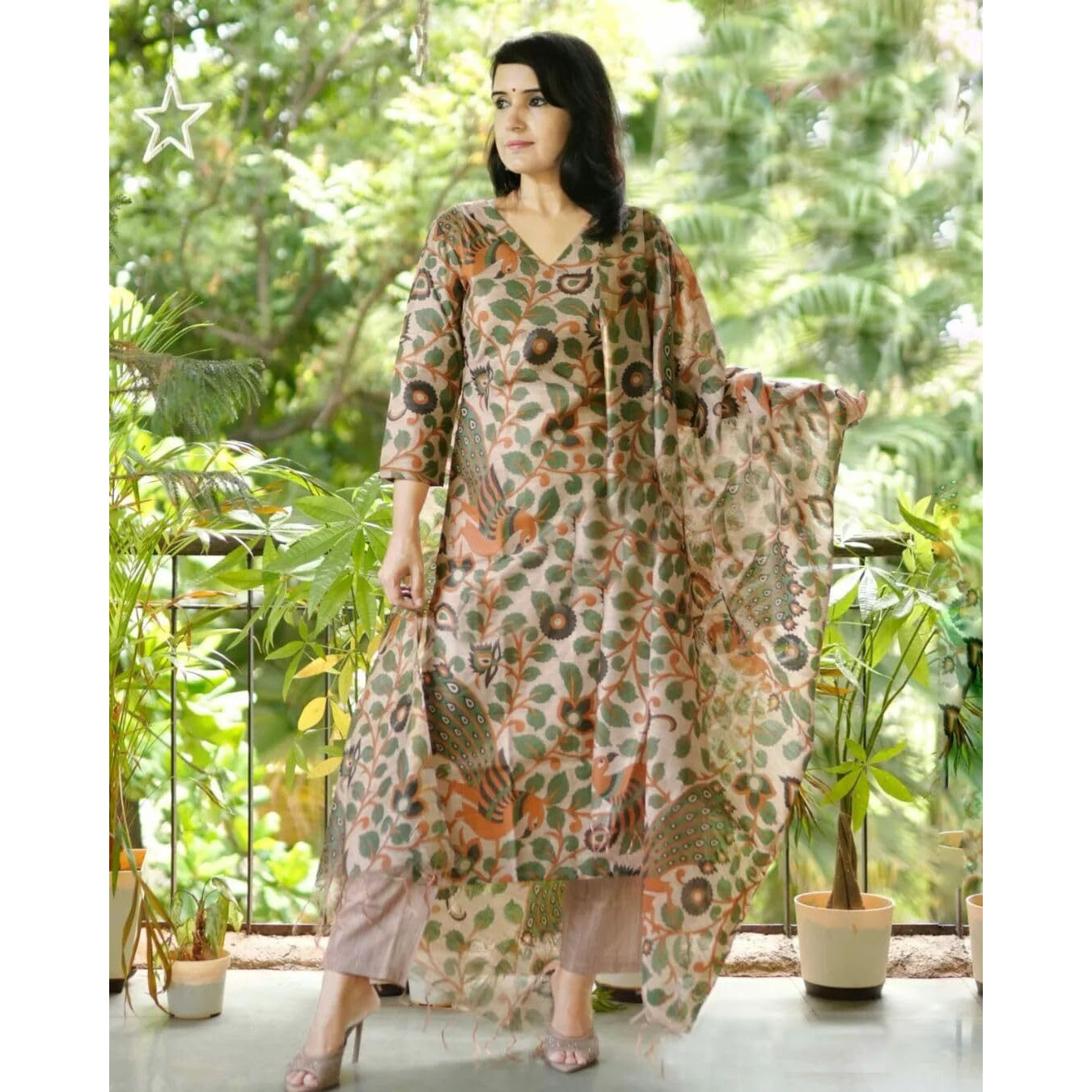 ANNI DESIGNER Women's Cotton Blend Straight Printed Kurta with Pant & Dupatta (Uskana Beige_L_Cream_Large)