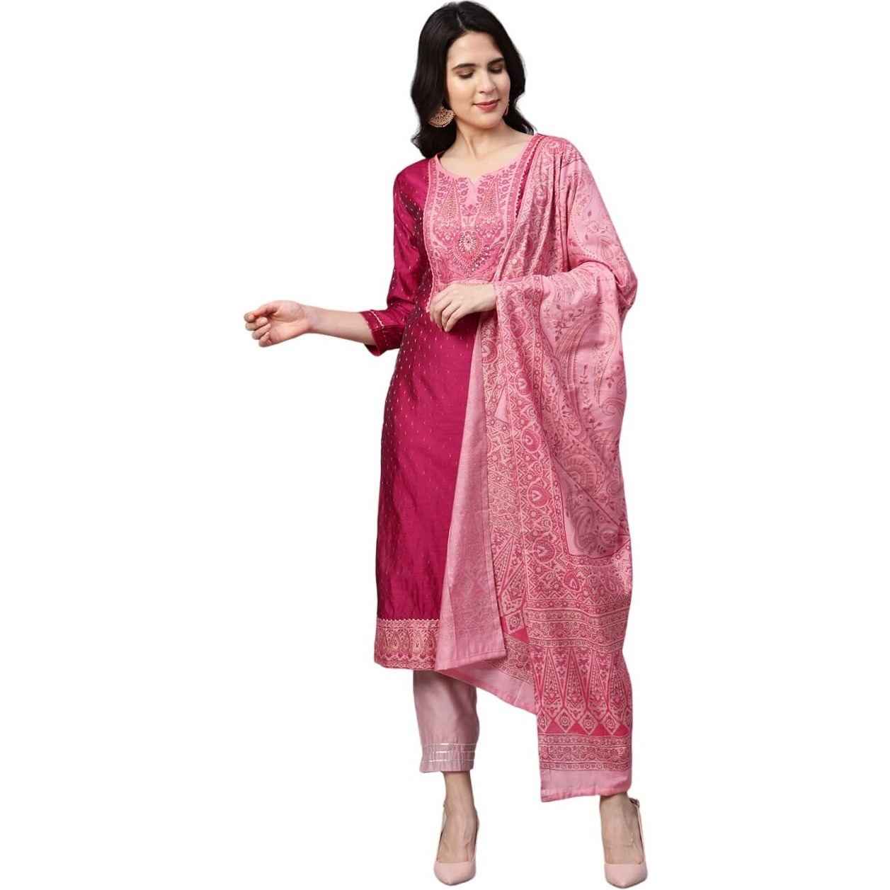 Fashor Women's Cotton Regular Kurta and Dupatta (42-KD334A-2171731812_Pink