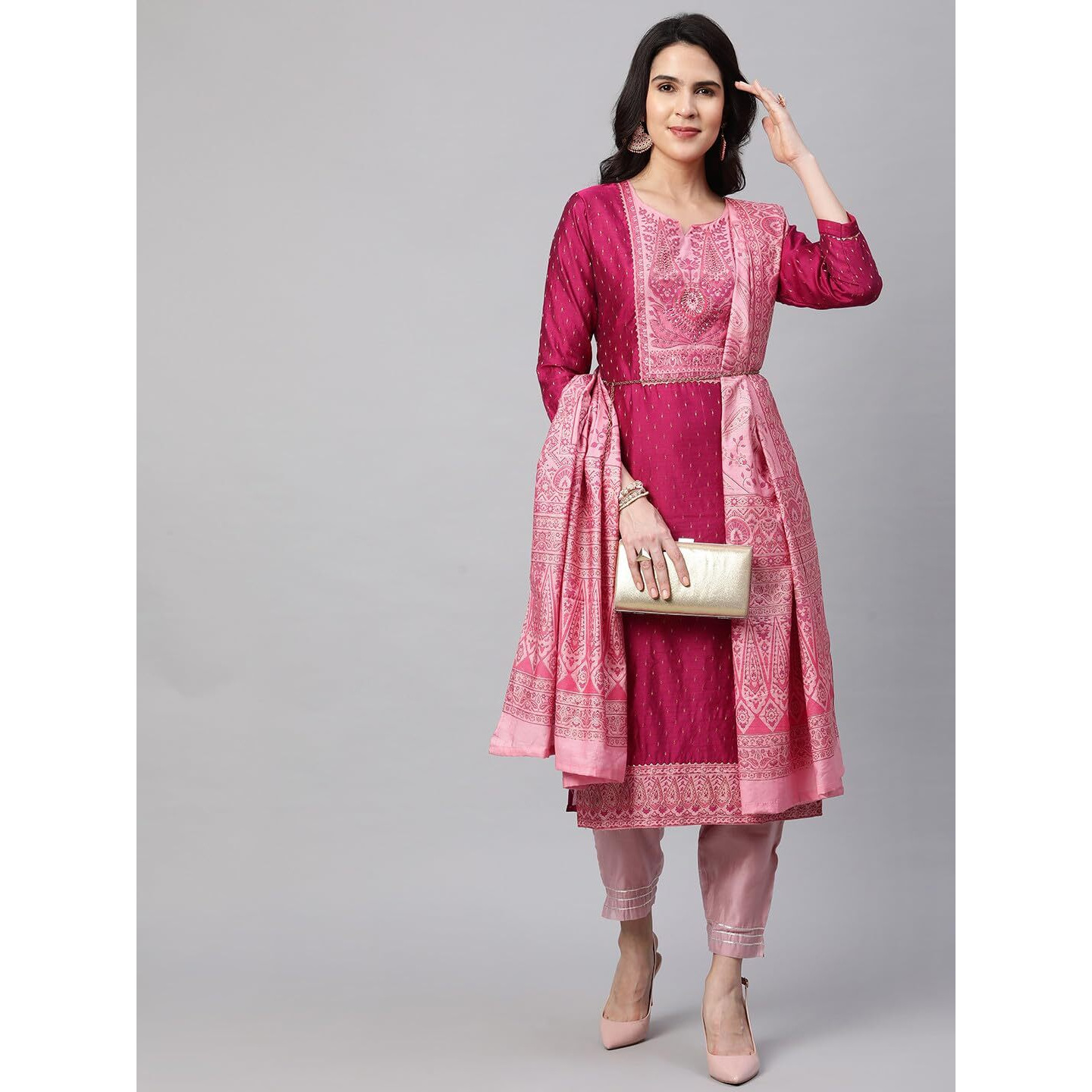 Fashor Women's Cotton Regular Kurta and Dupatta (42-KD334A-2171731812_Pink
