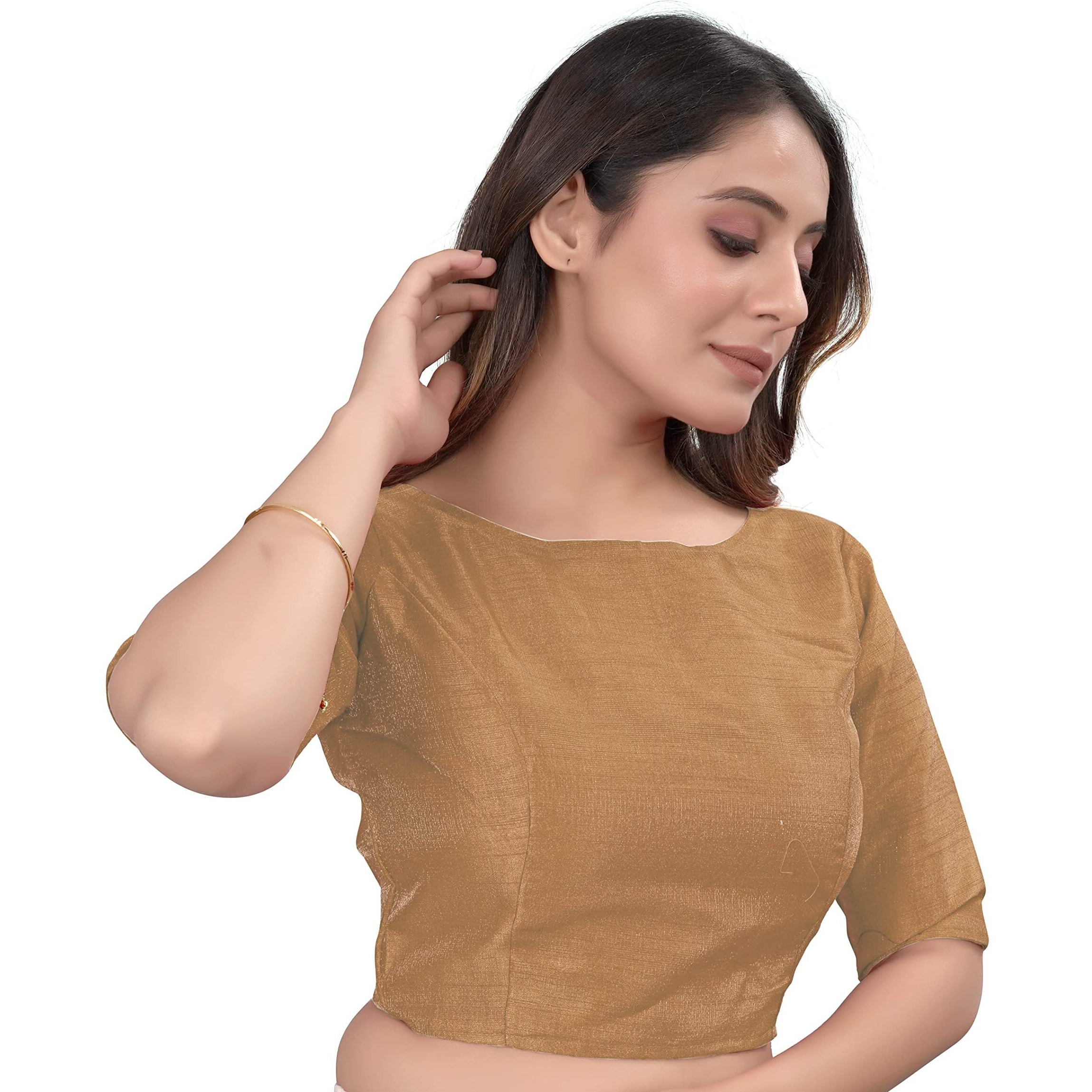 Sumaira Tex Women's Slub Silk Boat Neck with Elbow Length Sleeve Plain Fancy Blouse(Slub Copper_M)