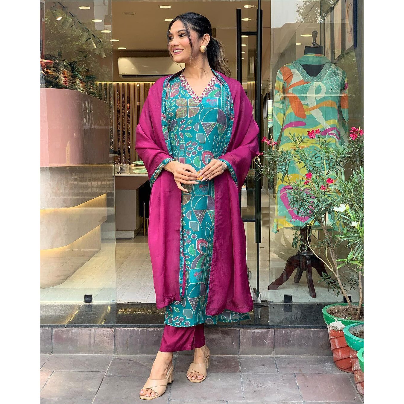 ANNI DESIGNER Women's Cotton Blend Straight Printed Kurta with Pant & Dupatta (Down-RAMA-Green_M_Green_Medium)