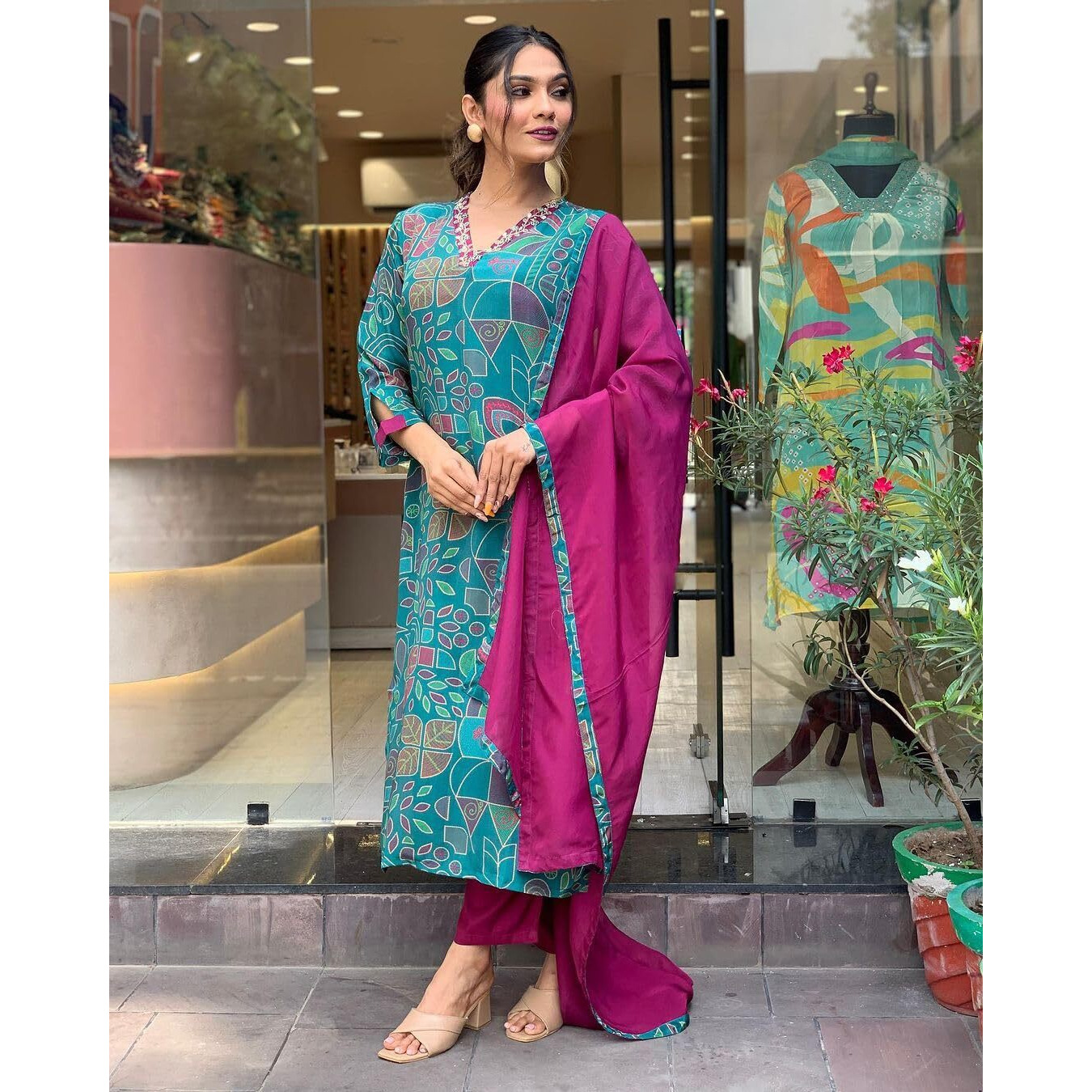 ANNI DESIGNER Women's Cotton Blend Straight Printed Kurta with Pant & Dupatta (Down-RAMA-Green_M_Green_Medium)