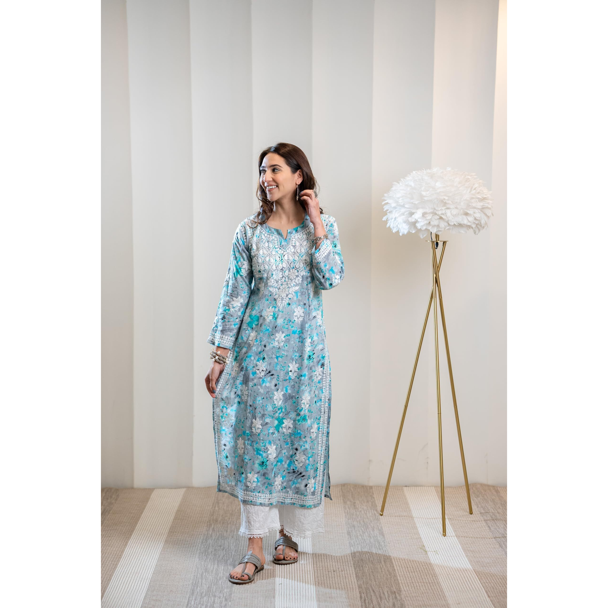 House of Chikankari Women's Cotton Straight Kurta (SE031_Grey & Blue