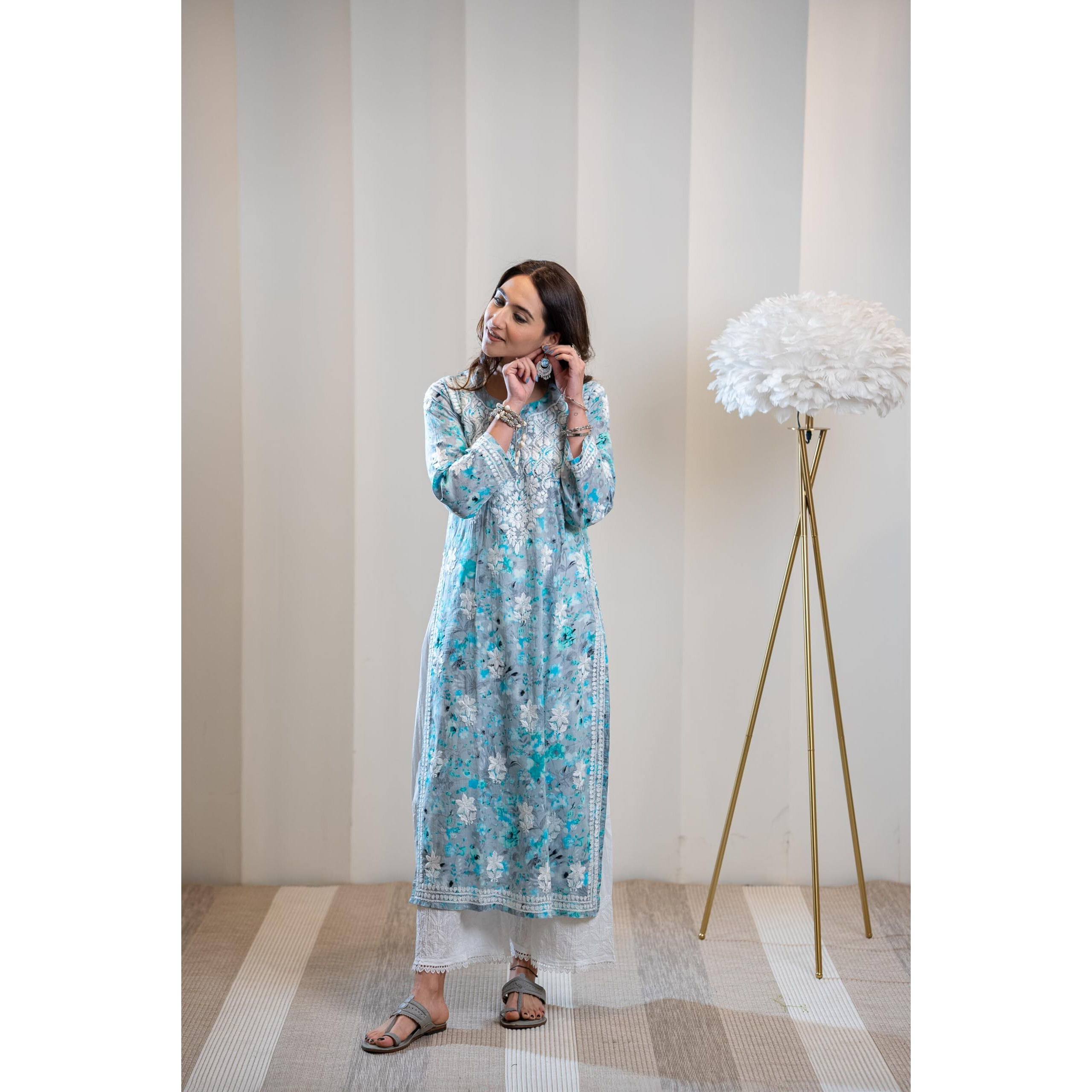House of Chikankari Women's Cotton Straight Kurta (SE031_Grey & Blue