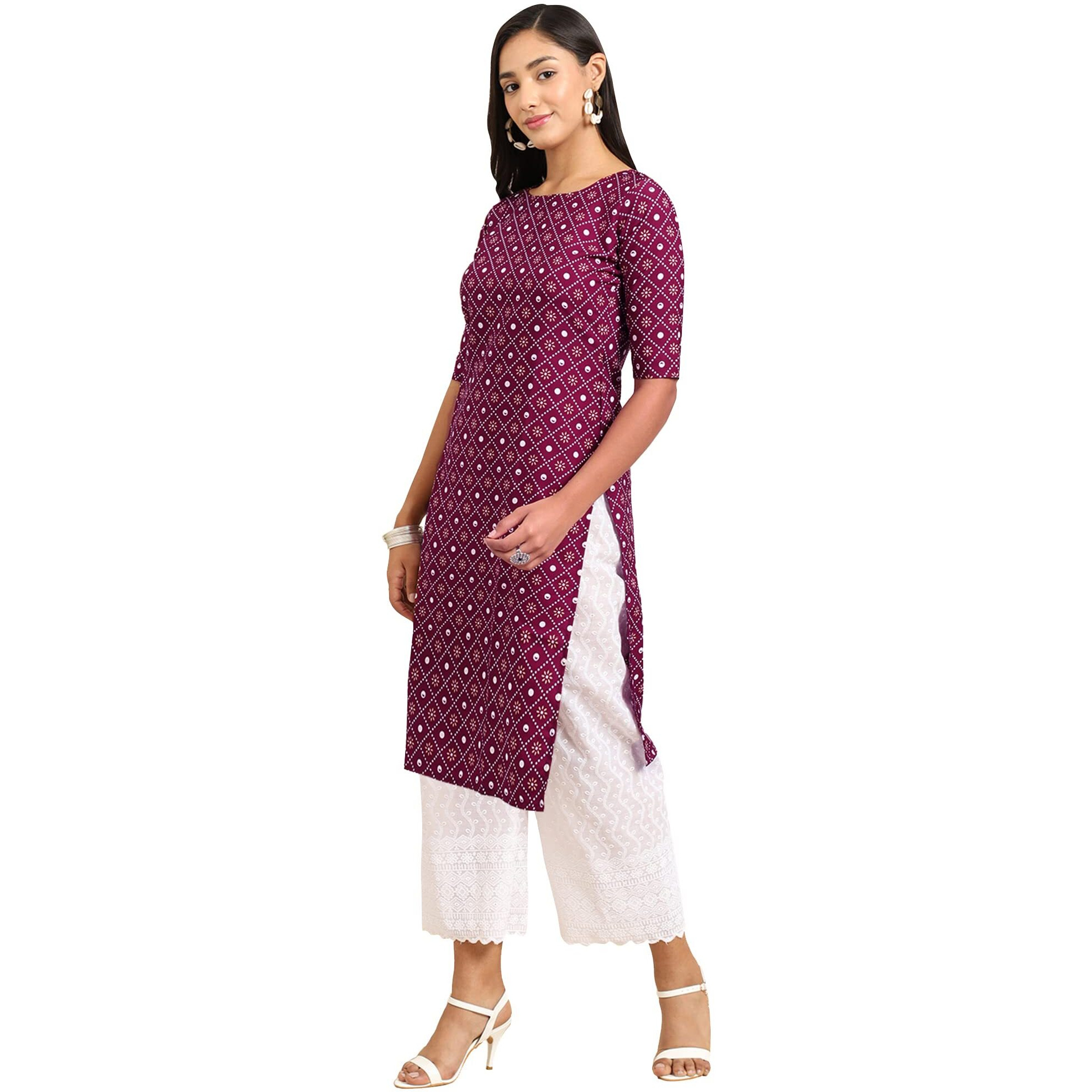 Pinkmint Women's Crepe Wine Color Ethnic Motif Printed Straight Kurti (R-530355_M)