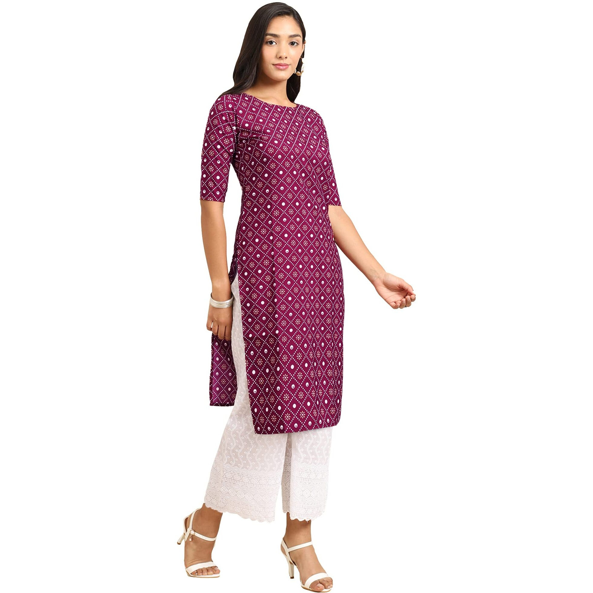 Pinkmint Women's Crepe Wine Color Ethnic Motif Printed Straight Kurti (R-530355_M)