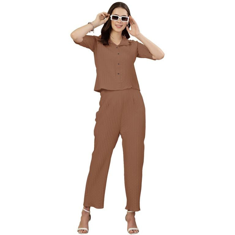 I ENTERPRISE Women Kurta Set for Women || Co-Ords Set || Kurta Pant Set || Coordinate Set || Summer Suit || Shirt and Plazzo Co-Ords for Summer_Color Brown1 Size -S