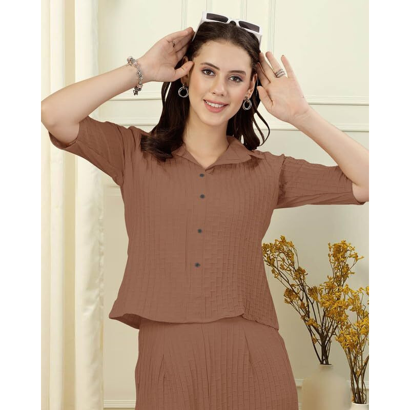 I ENTERPRISE Women Kurta Set for Women || Co-Ords Set || Kurta Pant Set || Coordinate Set || Summer Suit || Shirt and Plazzo Co-Ords for Summer_Color Brown1 Size -S