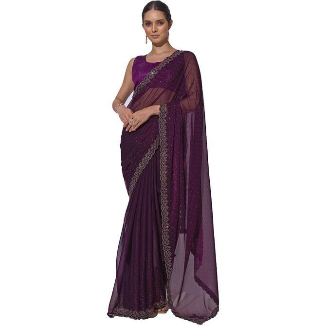 ORHANS Women's Satin Chiffon Lightweight All Over Fix Diamond Work Saree With Art Silk Matching Unstitched Blouse Piece