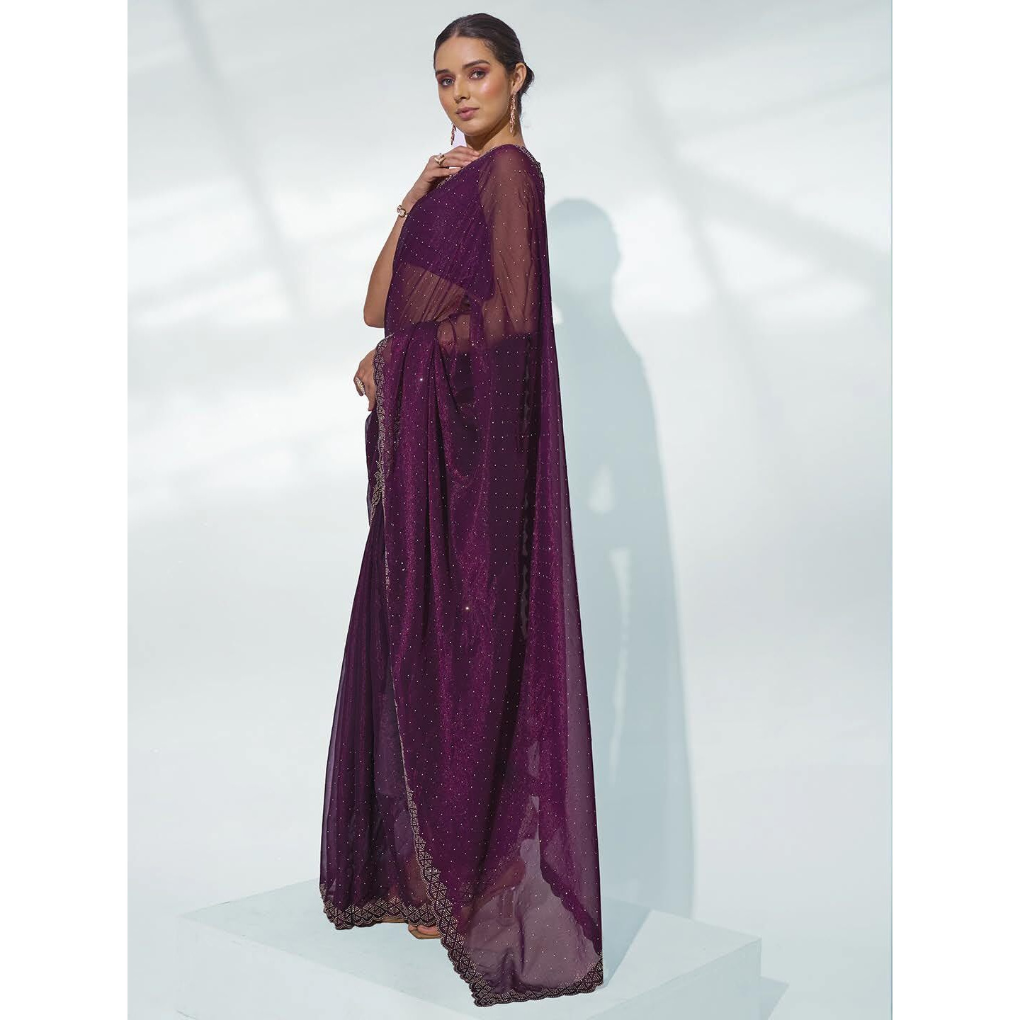 ORHANS Women's Satin Chiffon Lightweight All Over Fix Diamond Work Saree With Art Silk Matching Unstitched Blouse Piece