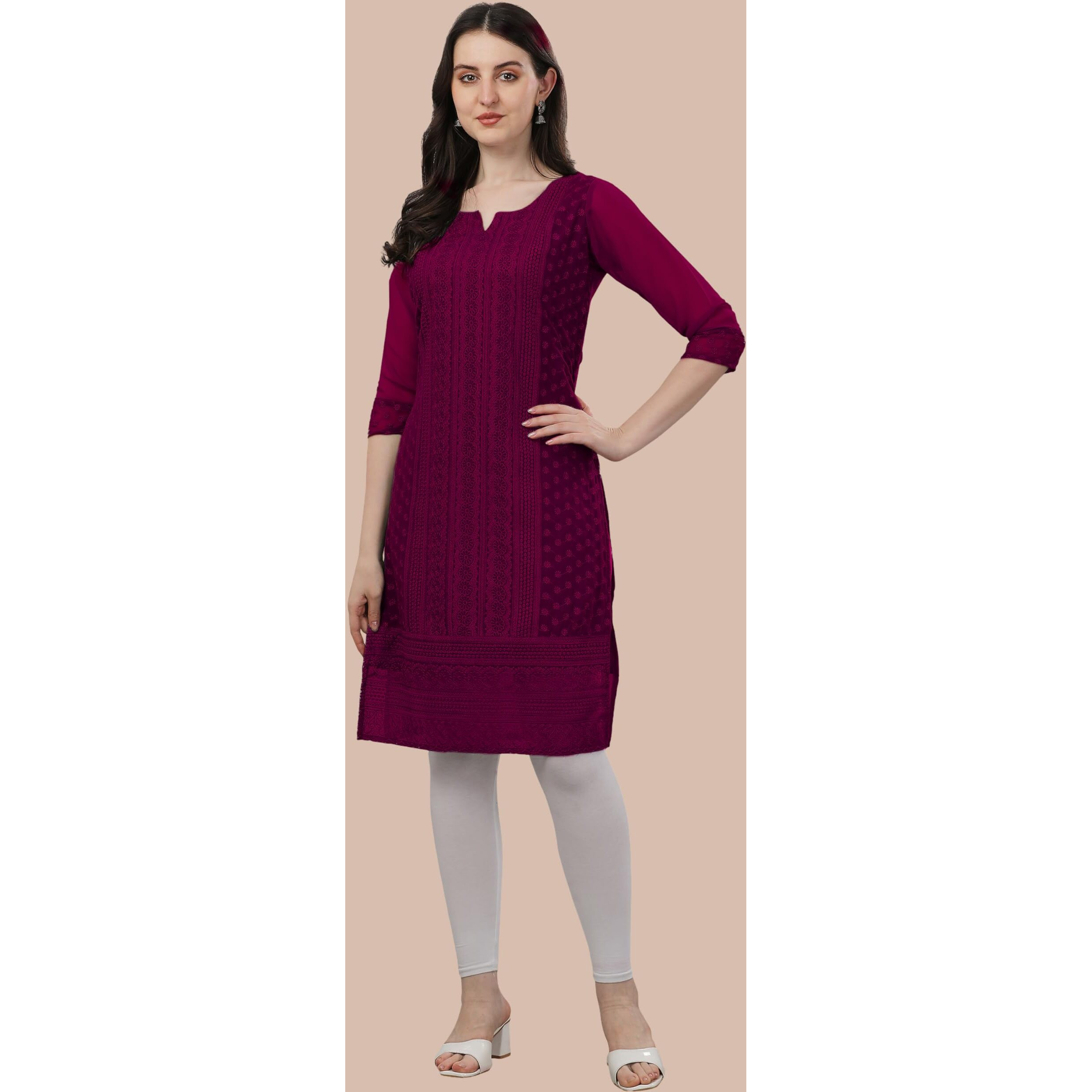 TRILLMIXA Women's Georgette Chikankari Embroidery Knee-Length Kurti for Girls Metallic
