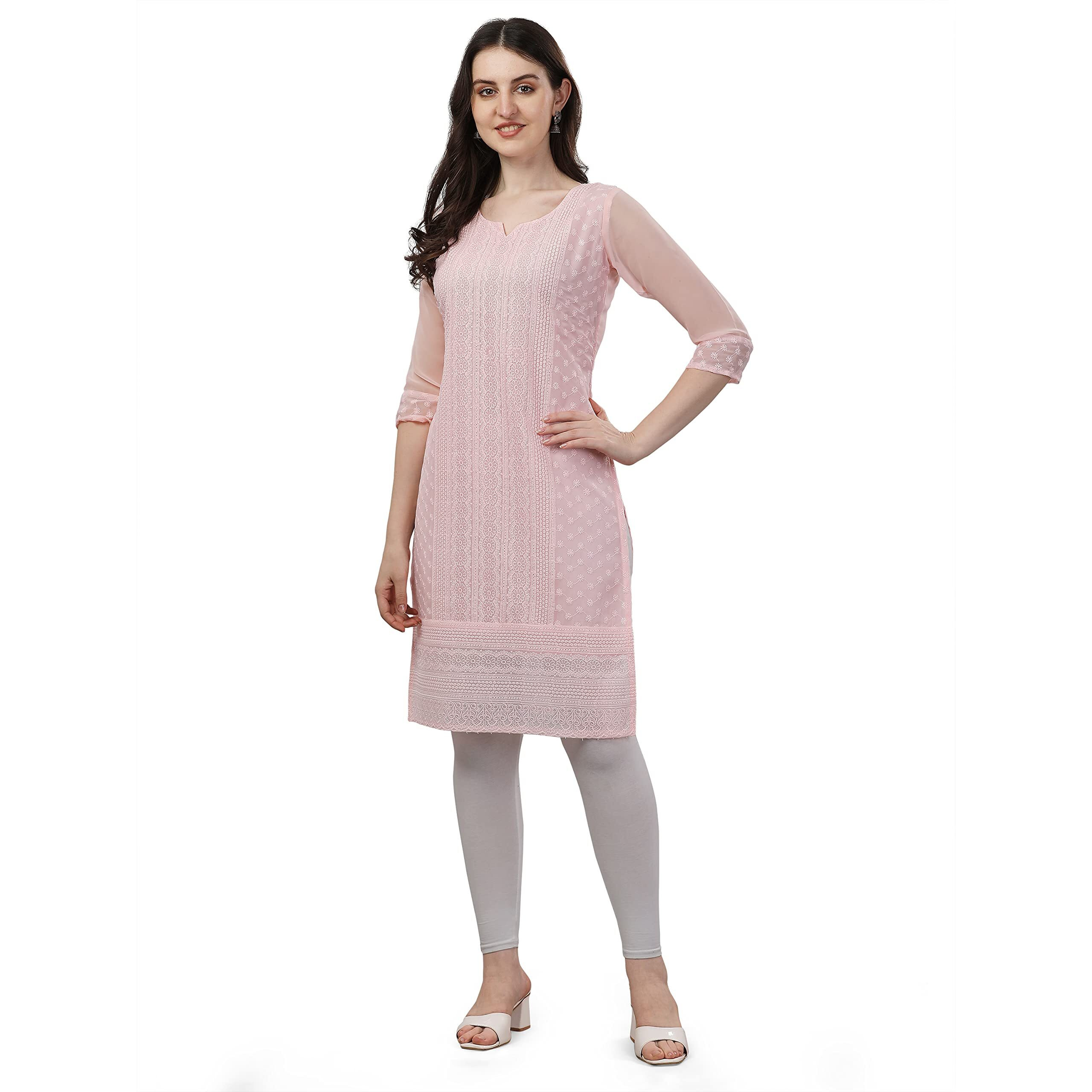 TRILLMIXA Women's Georgette Chikankari Embroidery Knee-Length Kurti for Girls Orange