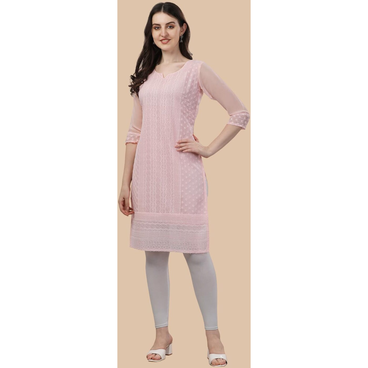 TRILLMIXA Women's Georgette Chikankari Embroidery Knee-Length Kurti for Girls Orange