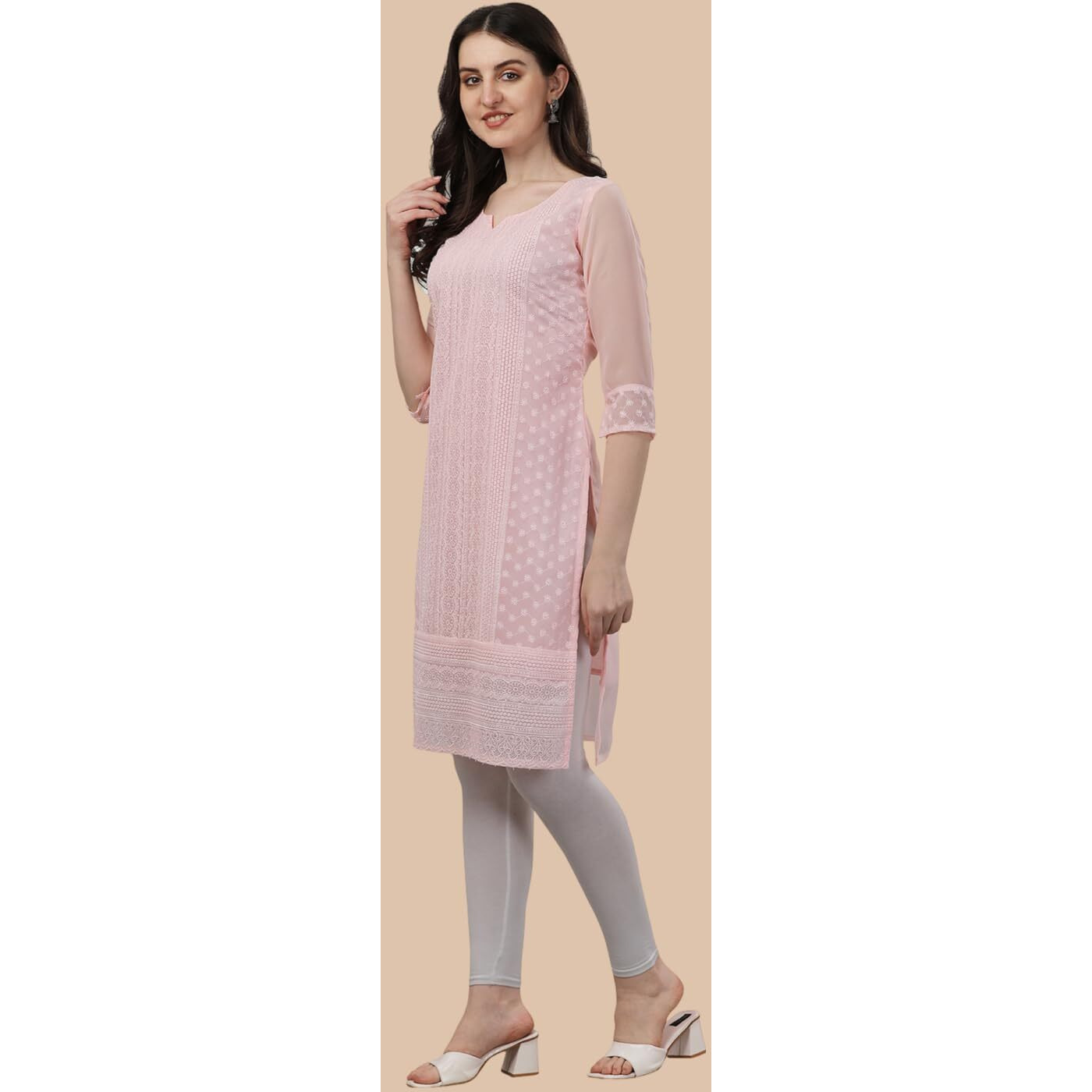 TRILLMIXA Women's Georgette Chikankari Embroidery Knee-Length Kurti for Girls Orange