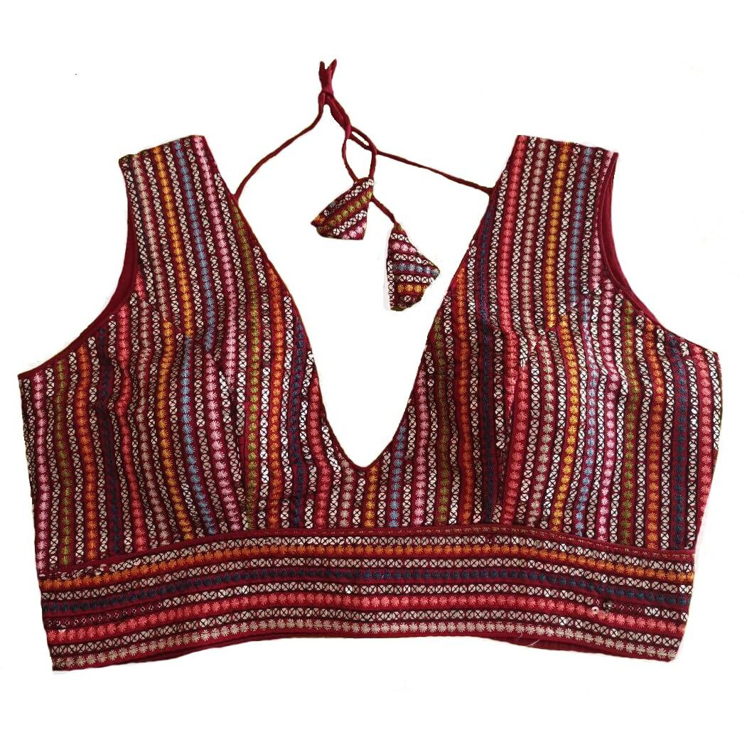 Vihu Fashion Women's Sleeveless Readymade sabyasachi Pattern V Neck Blouse Embroidery Work with Sequence Blouse Indian Ethnic wear Readymade Saree Red Color Blouse for Lehenga Choli stylis