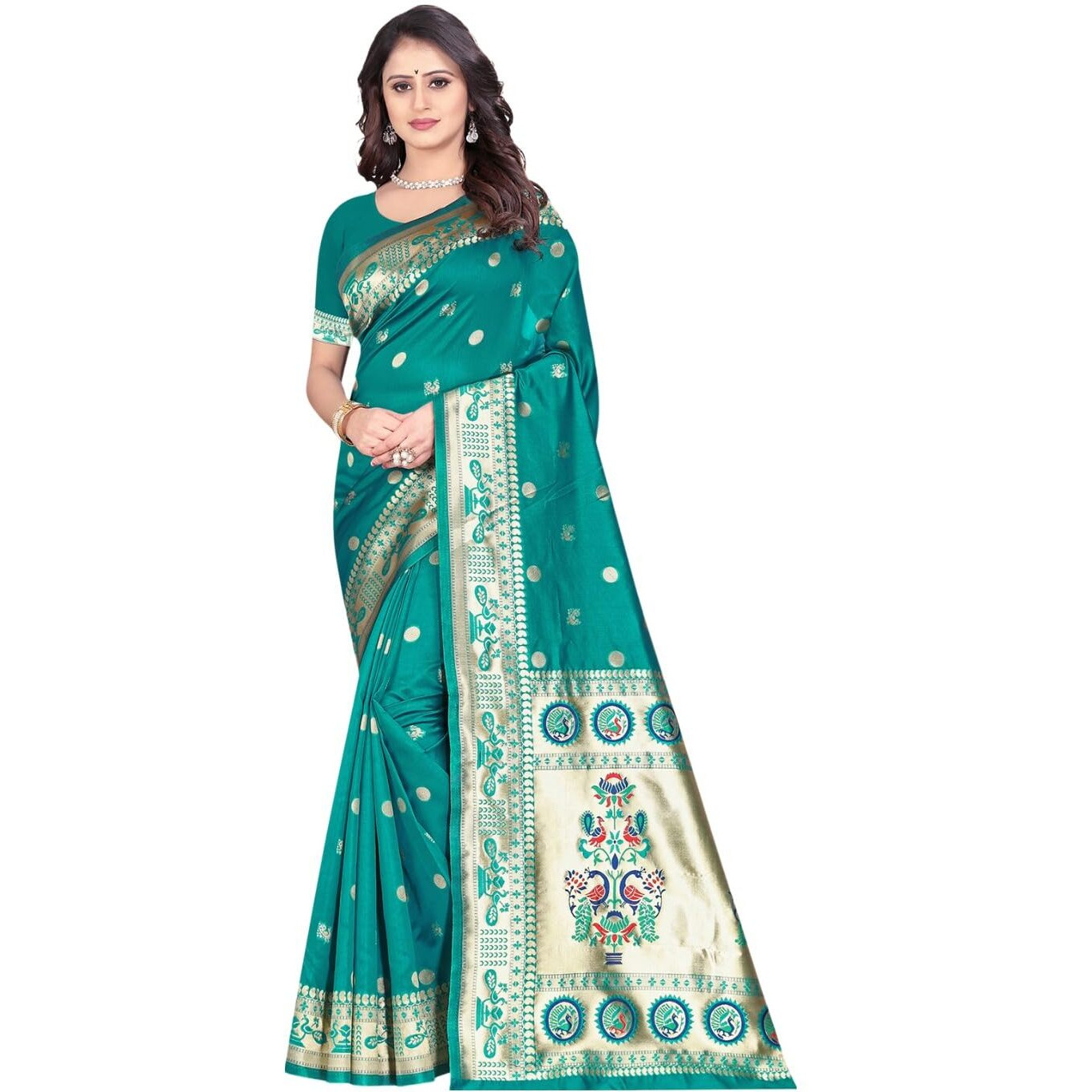SAMAH Women's Paithani Silk Saree (3689S441N_Teal Green)