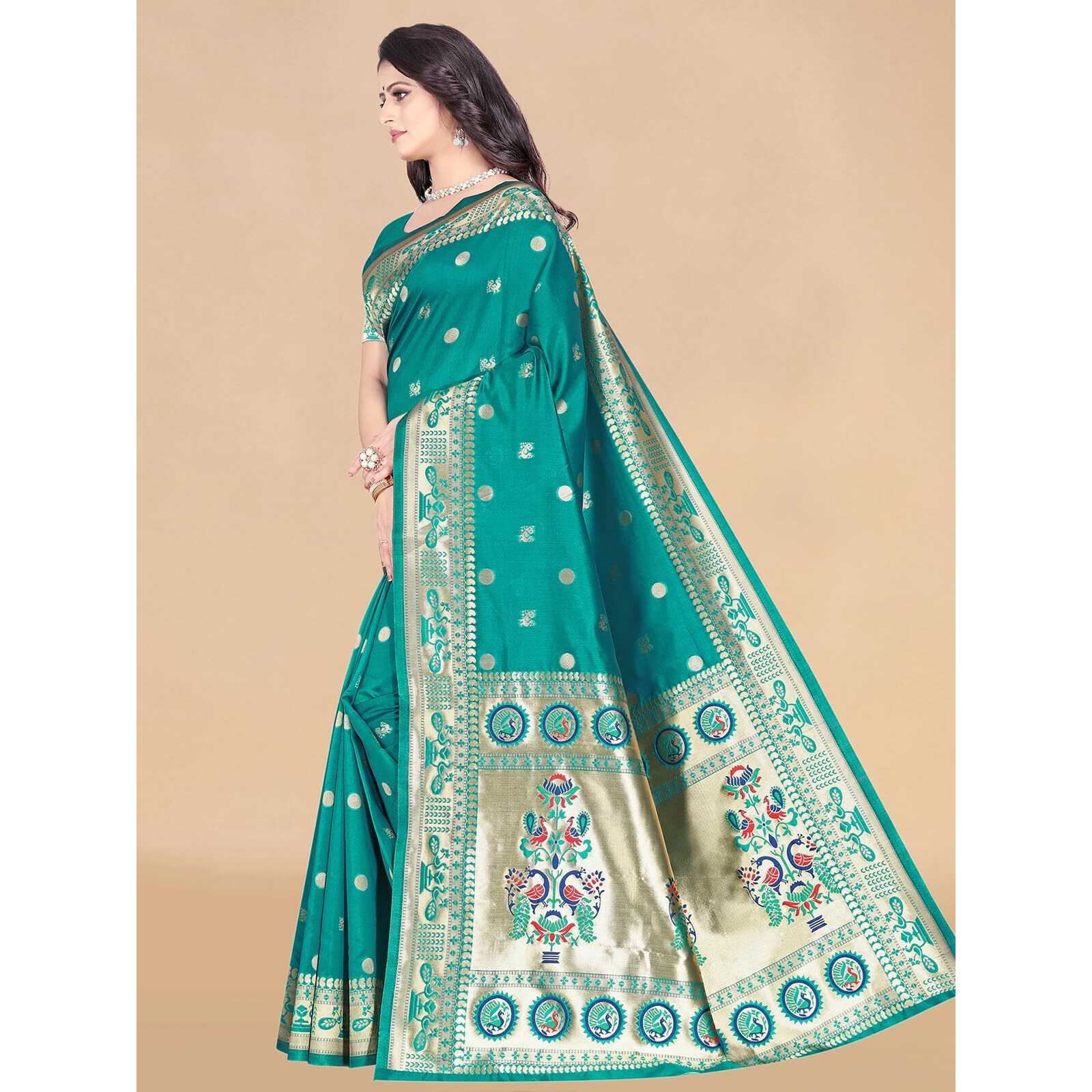 SAMAH Women's Paithani Silk Saree (3689S441N_Teal Green)