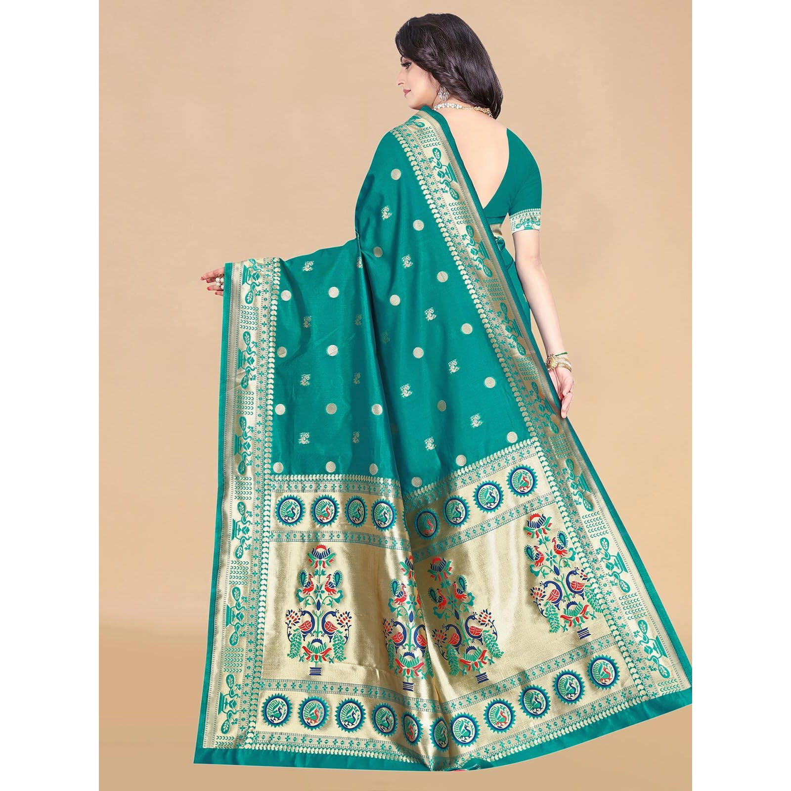 SAMAH Women's Paithani Silk Saree (3689S441N_Teal Green)