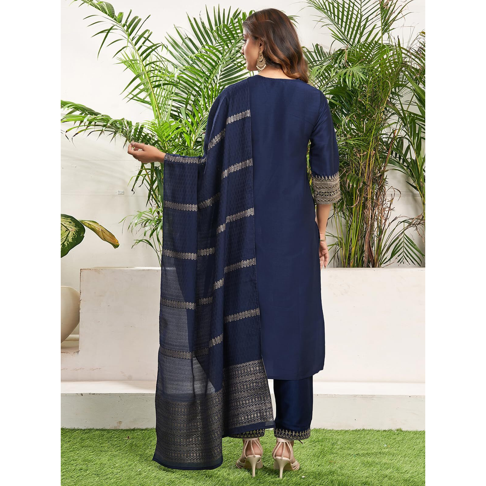 Sanisa Women's Chinnon Sequence and Embroidery Work Straight Kurta with Pant and Dupatta Set (195KBD2075N-XXL_Royal Blue)