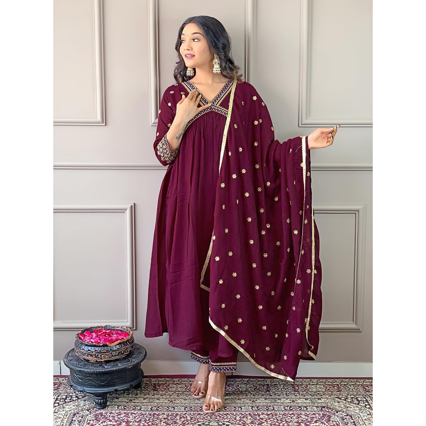 Naixa Women's Wine Vichitra Silk Embroidered A-line Kurta with Vichitra Silk Pant and Chinon Embroidered Dupatta Sets (NK-442-Wine-XXL)