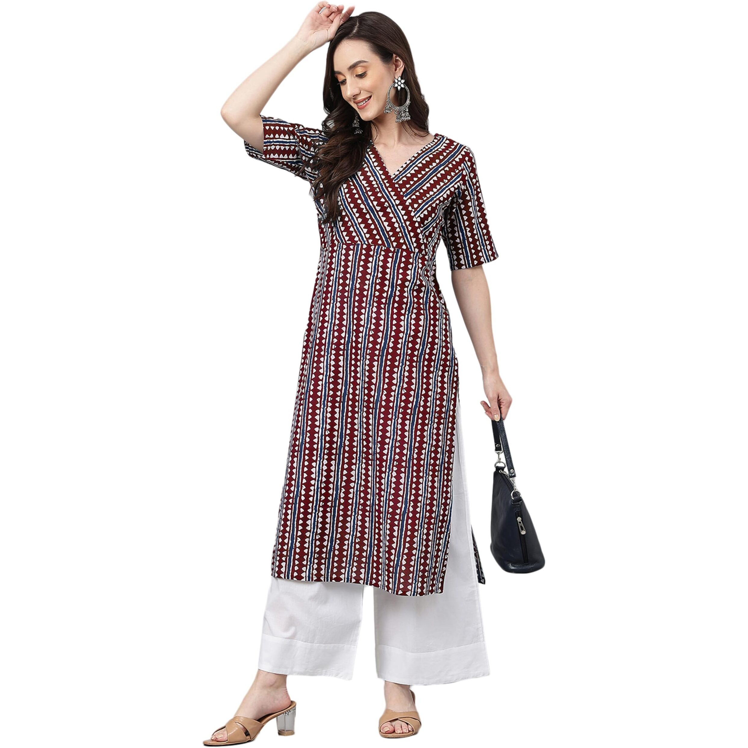 Janasya Women's Maroon Pure Cotton Geometric Printed Straight Kurta (JAC24KR01685-M)