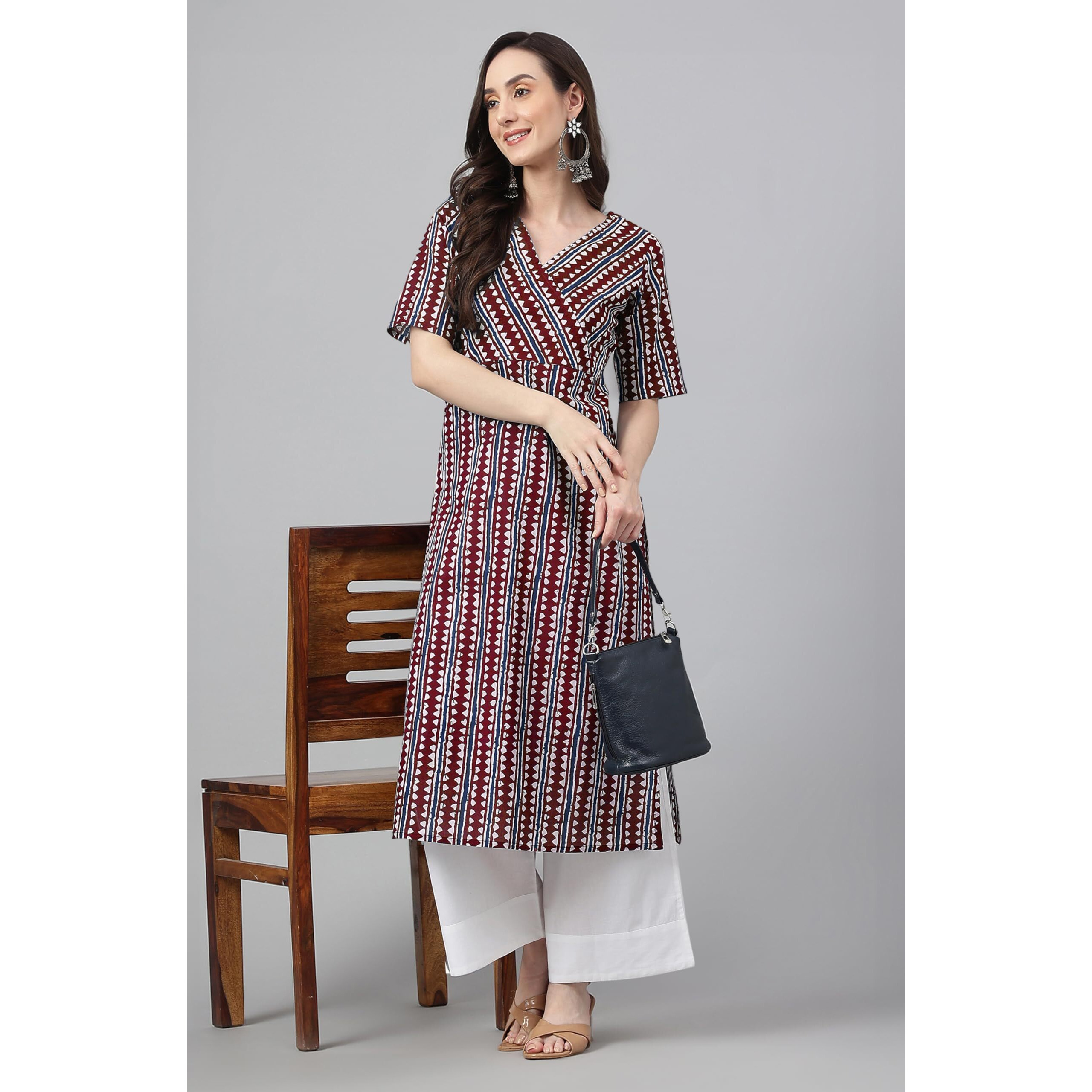Janasya Women's Maroon Pure Cotton Geometric Printed Straight Kurta (JAC24KR01685-M)