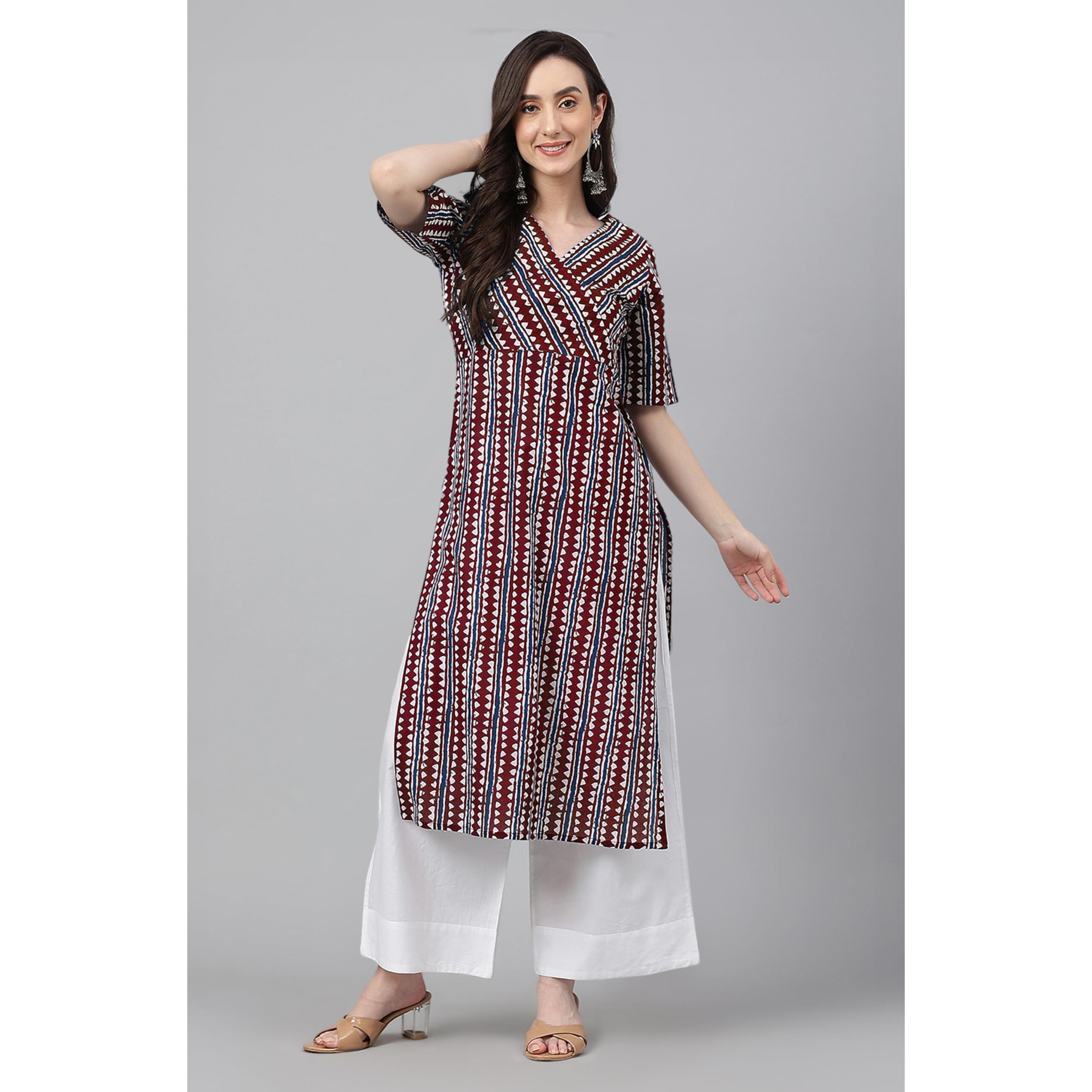 Janasya Women's Maroon Pure Cotton Geometric Printed Straight Kurta (JAC24KR01685-M)