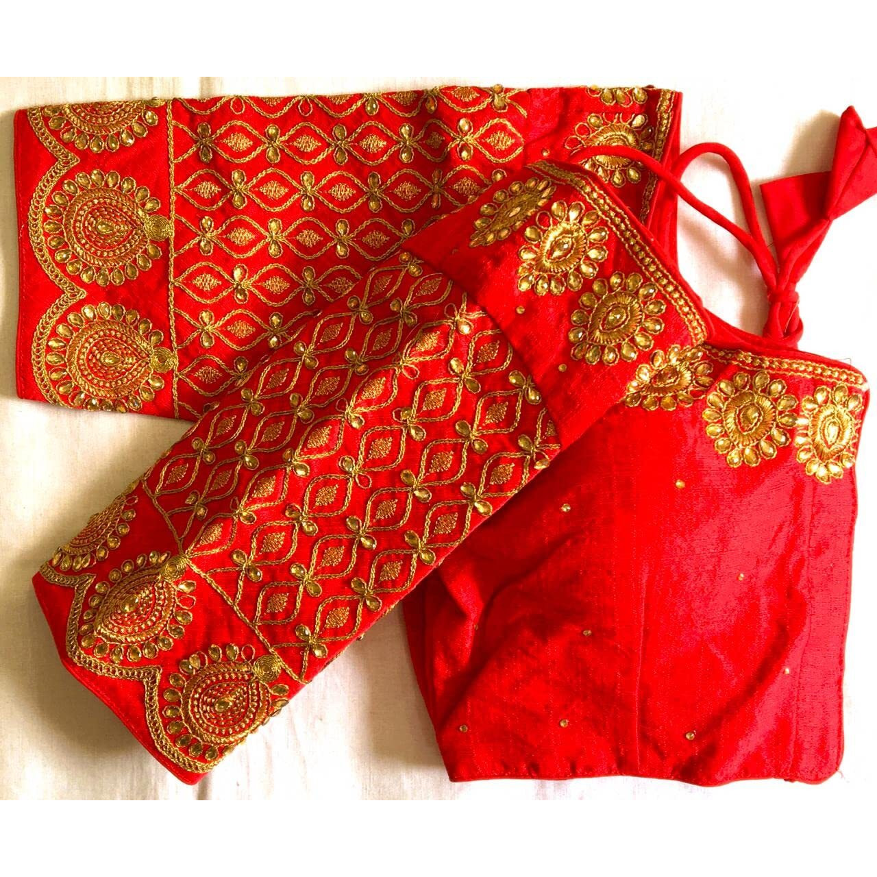 Pujia Mills Women's Silk Embroidery Coding Multi Work Readymade Saree Blouse (Bansi_Red_38)