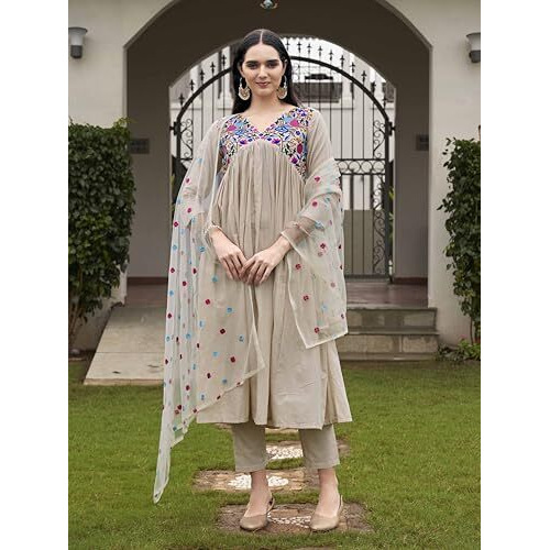 Womanista Women's Lavender Color Pure Cotton Parsi Embroidered Flared Kurta set(Kurtaset_1364_S)