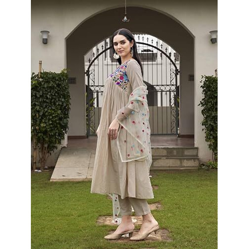 Womanista Women's Lavender Color Pure Cotton Parsi Embroidered Flared Kurta set(Kurtaset_1364_S)