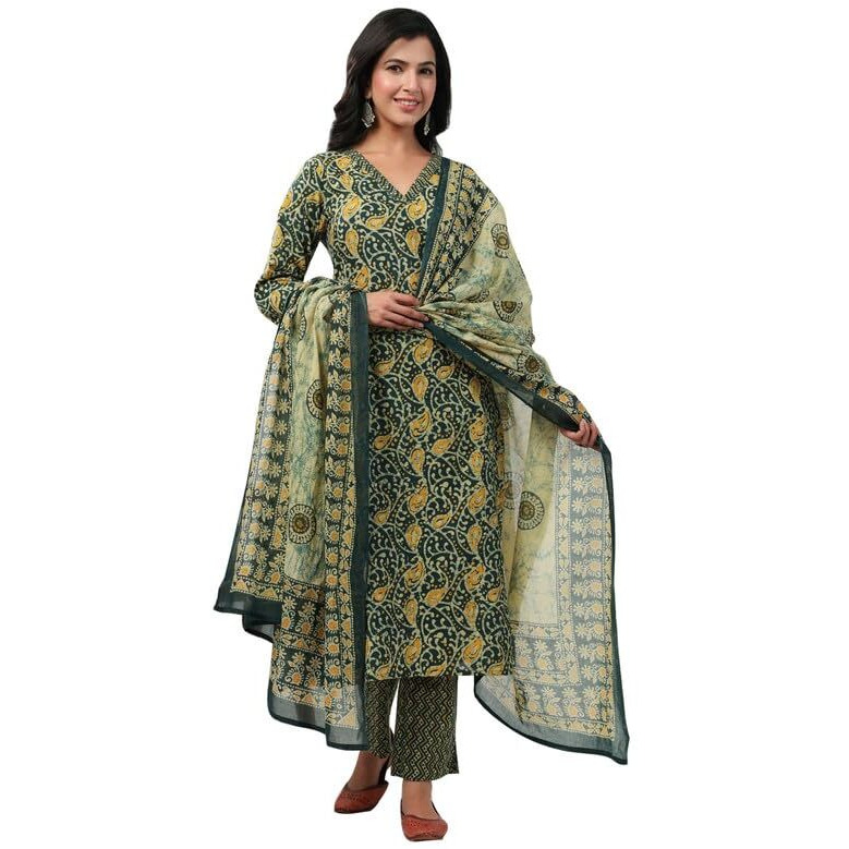 Janasya Women's Green Cotton Batik Straight Kurta Set(JAA24ST00193-XL)