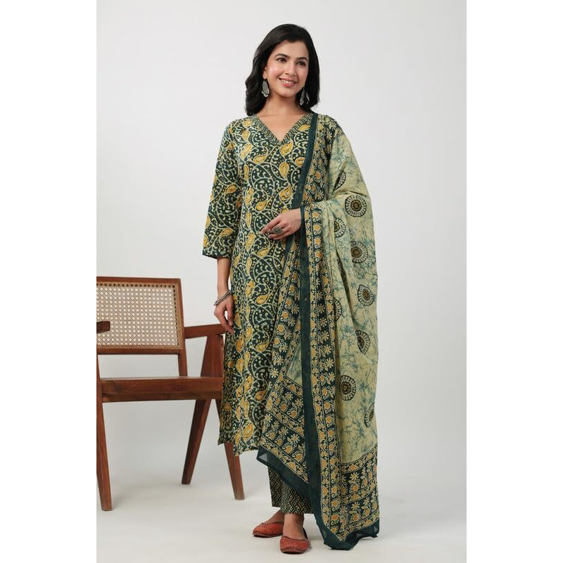 Janasya Women's Green Cotton Batik Straight Kurta Set(JAA24ST00193-XL)