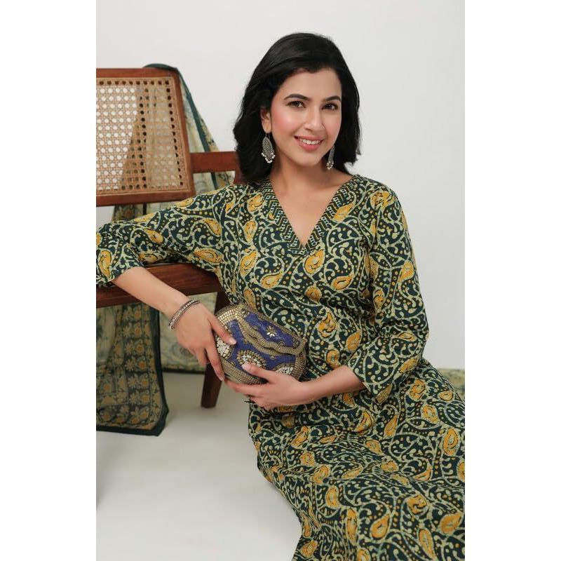 Janasya Women's Green Cotton Batik Straight Kurta Set(JAA24ST00193-XL)