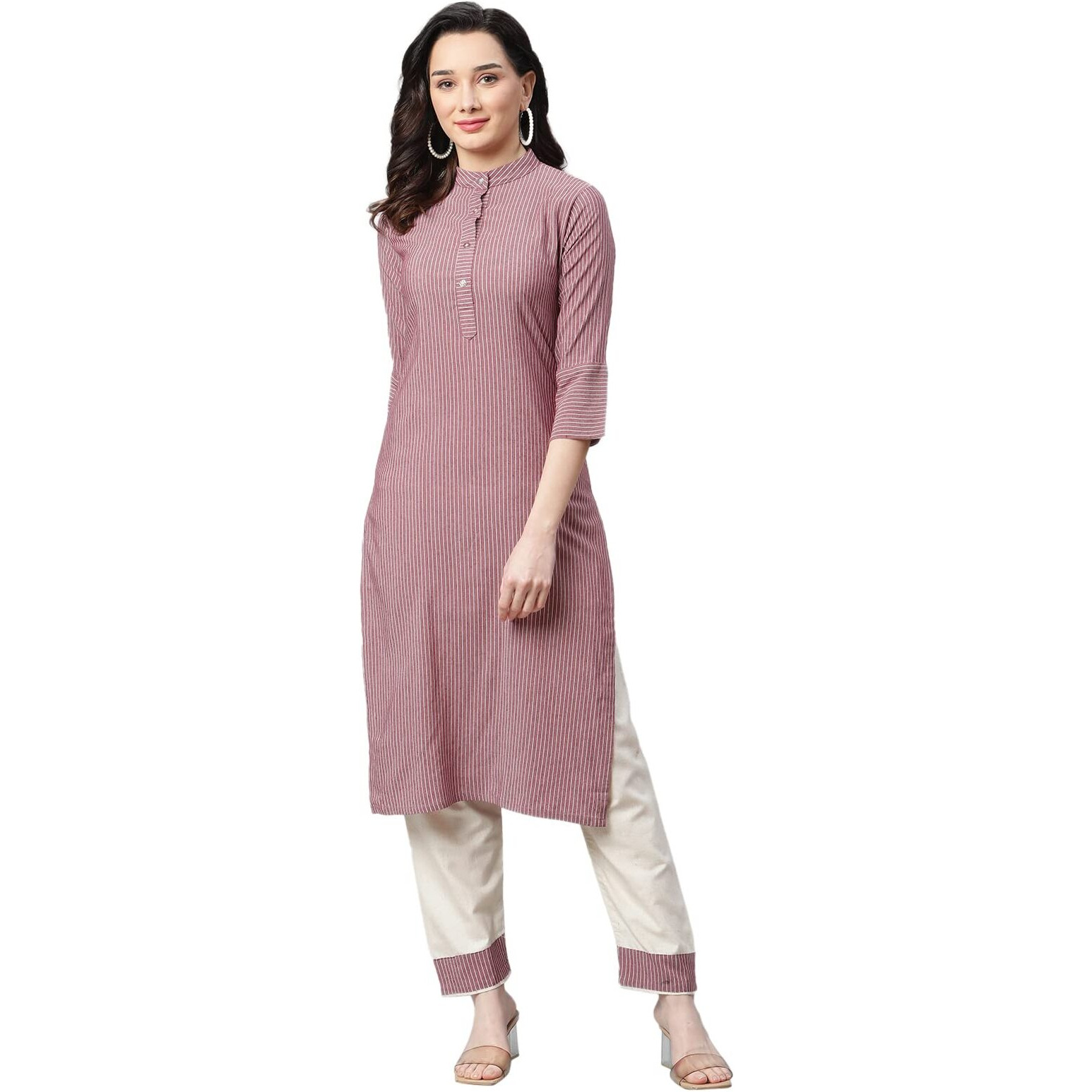 OM SAI LATEST CREATION Women Latest Rayon Rajasthani Printed Kurta With Pant Set Straight Kurti (Medium, Pink)
