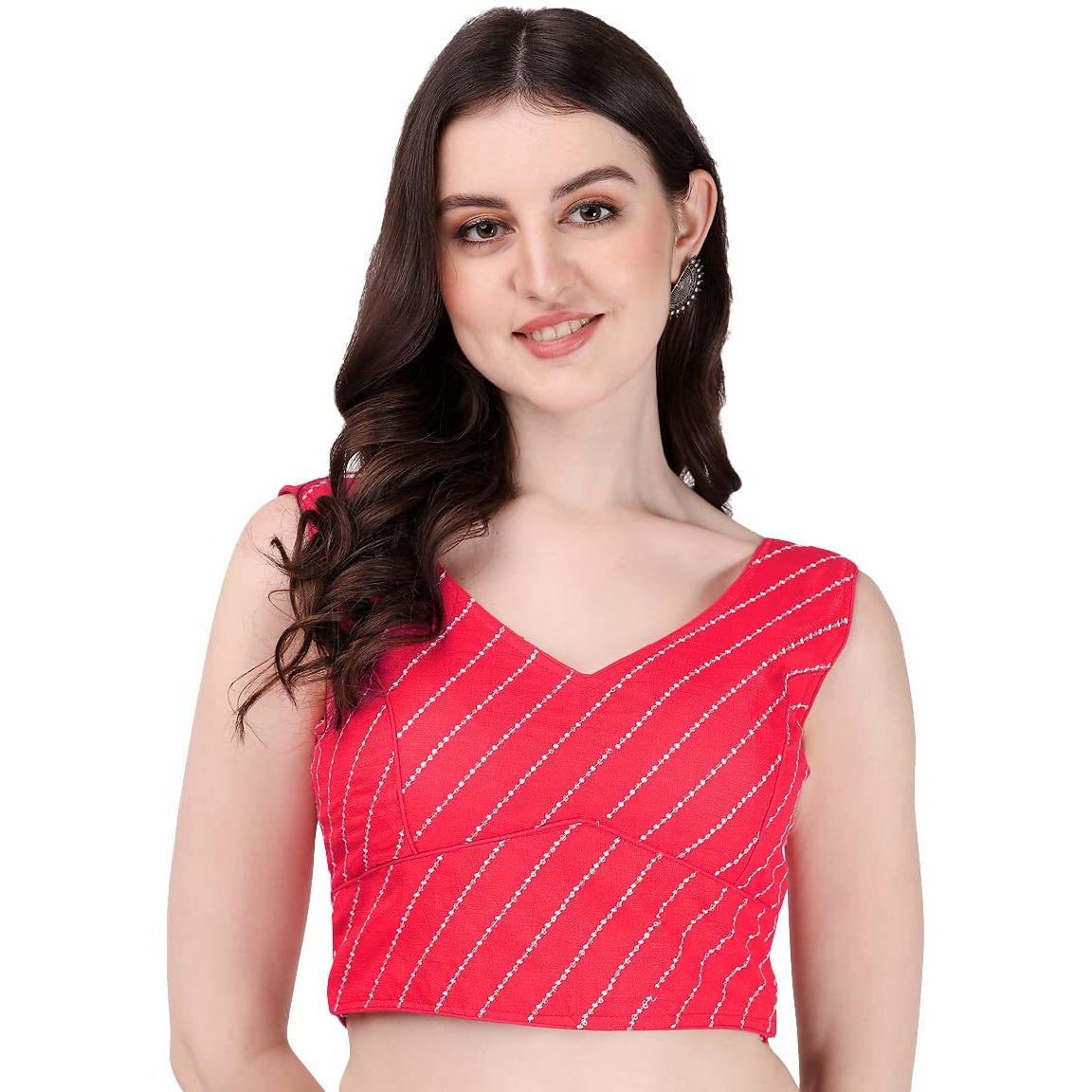 Pujia Mills Women's Phantom Silk Sequins Work Sleeveless Saree Readymade Blouse (Leheriya Blouse_Red_38 Size)