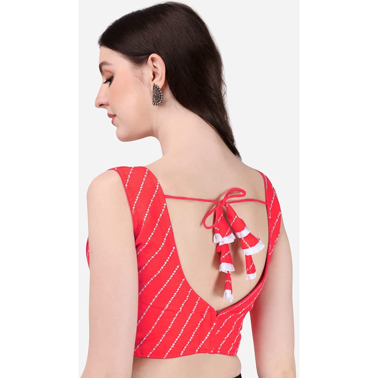 Pujia Mills Women's Phantom Silk Sequins Work Sleeveless Saree Readymade Blouse (Leheriya Blouse_Red_38 Size)