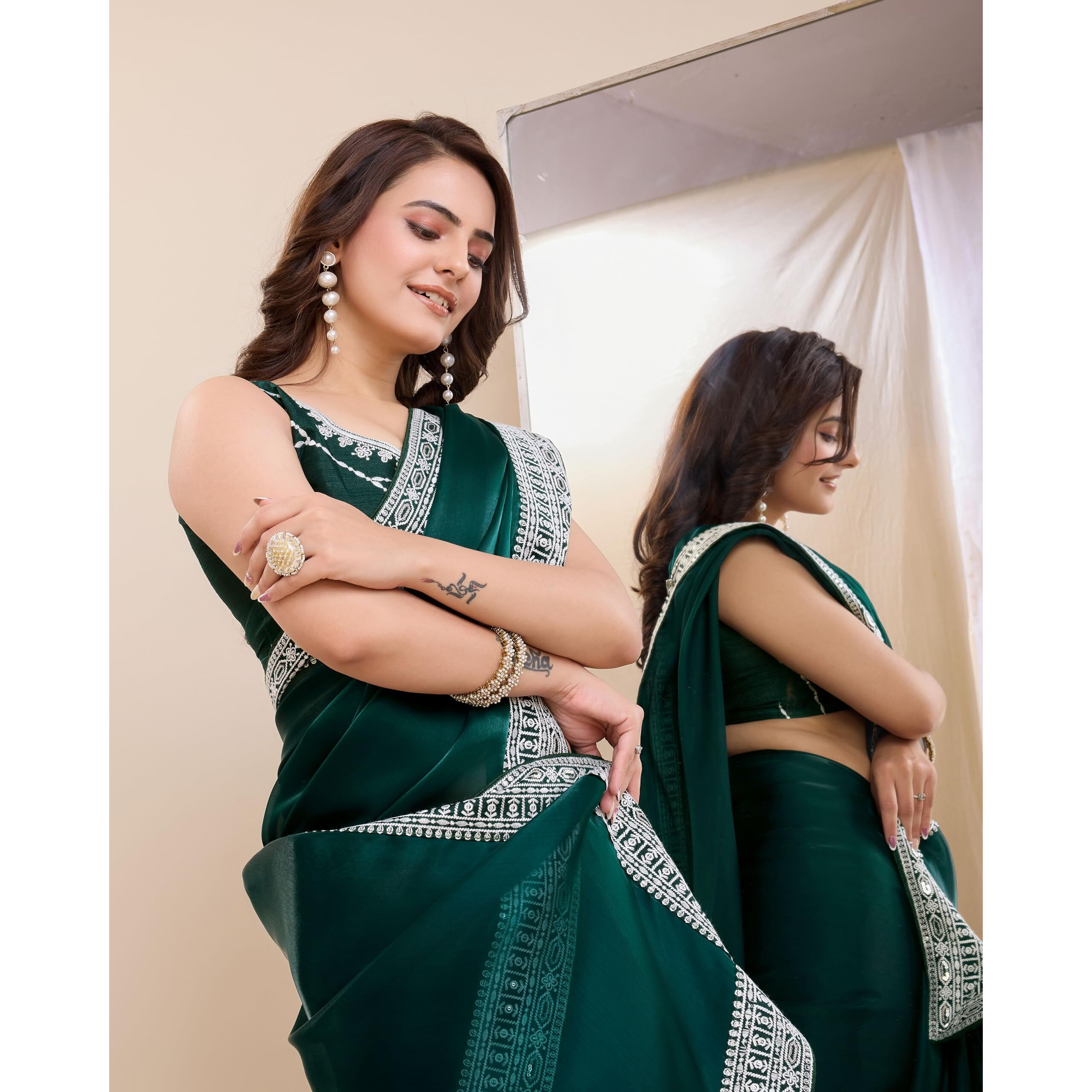 EKASYA Women Jimmi Silk Solid Pattern Embroidery Work Ready To Wear Saree With Unstitched Blouse (E2068) (Teal green)