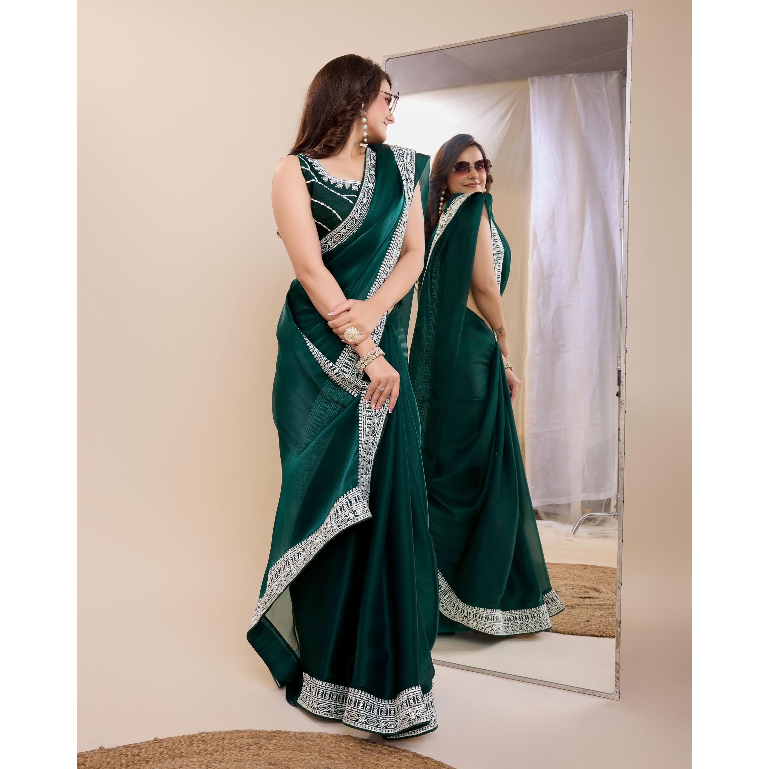 EKASYA Women Jimmi Silk Solid Pattern Embroidery Work Ready To Wear Saree With Unstitched Blouse (E2068) (Teal green)