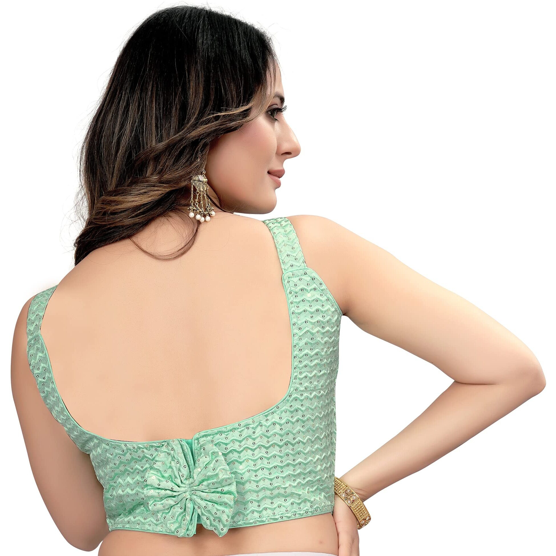 Pujia Mills Women's Zig Zag Multi Embroidery with Sequins Sleeveless Blouse(Sun Pista)
