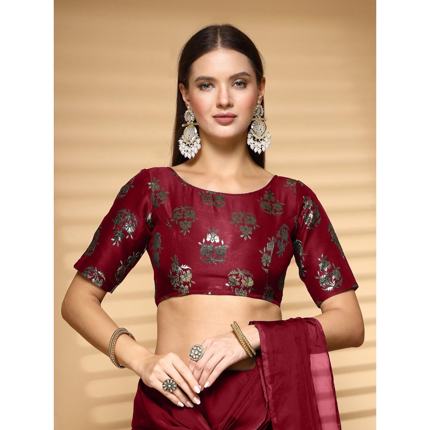 OOMPH Readymade Blouse for Women, Brocade, Boat Neck, rbbl643