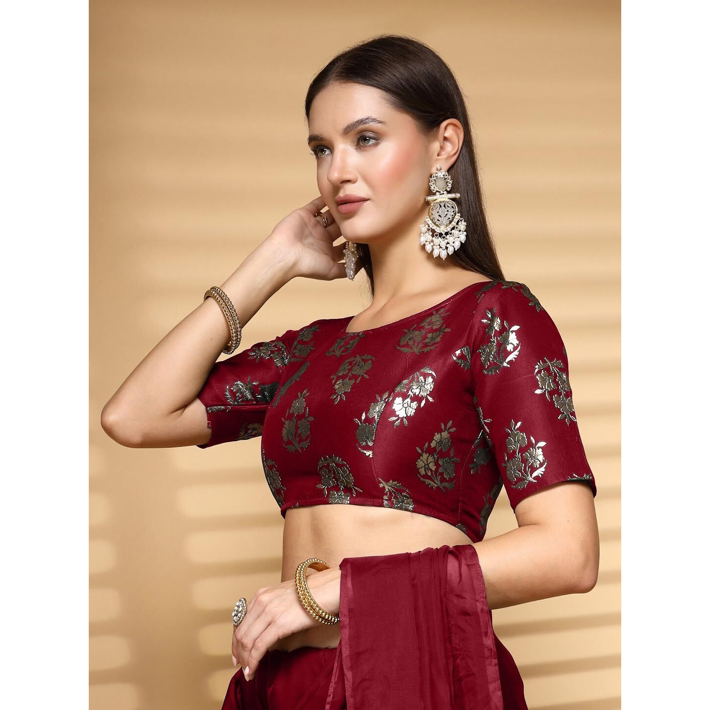 OOMPH Readymade Blouse for Women, Brocade, Boat Neck, rbbl643