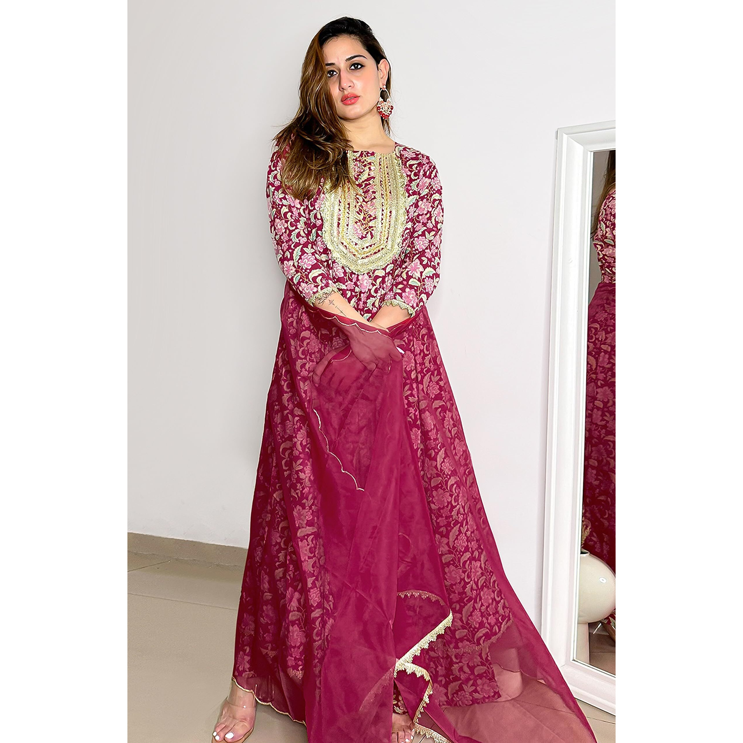 Janasya Women's Pink Cotton Foil Floral Printed Kurta with Palazzo and Dupatta(SET832-KR-PP-R-L)